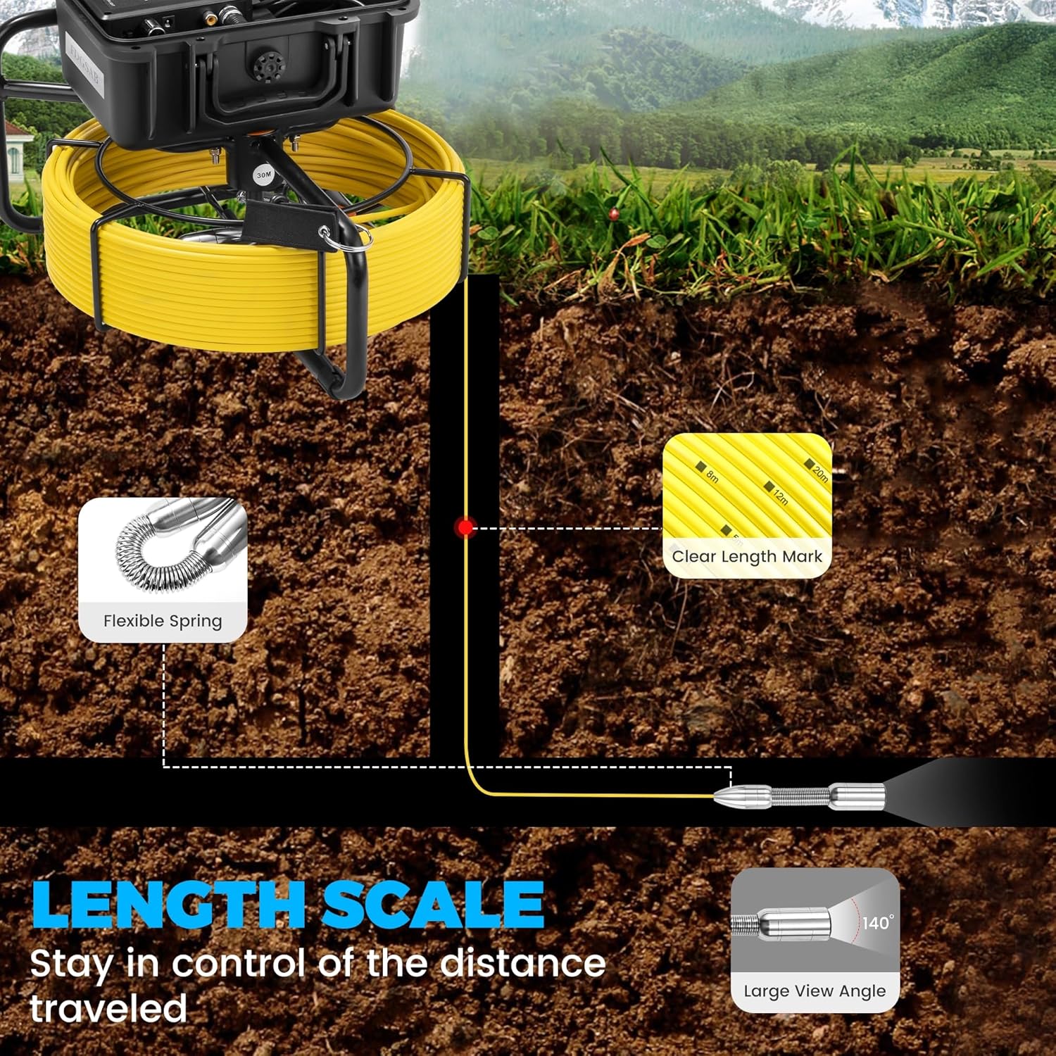 Sewer Camera, 20/50m, 7" Screen Pipeline Inspection Camera Waterproof IP68 w/12 Adjustable LEDs, DVR Function Have 32GB SD Card .for Sewer Line, Duct Drain Pipe Plumbing (98.4ft/30M)