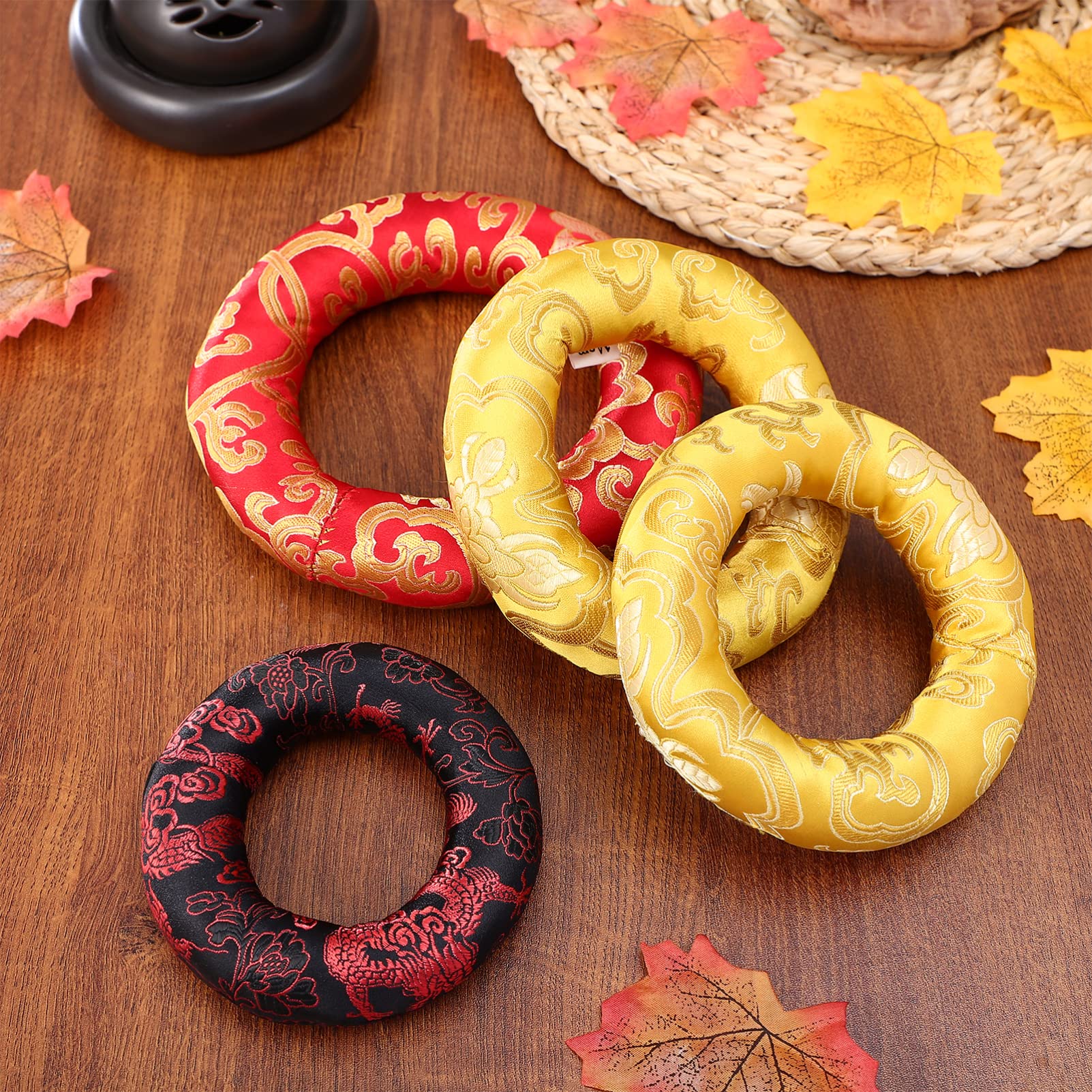 Vaguelly 4 cuscini per campane tibetane, 10/12/14/16 cm, in cotone, con motivi tradizionali, colori assortiti