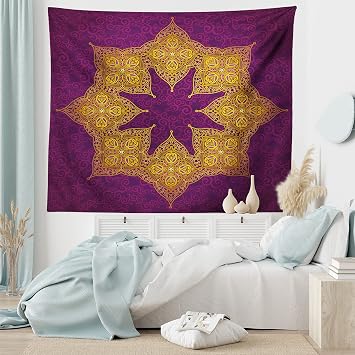 Lunarable Purple Tapestry, Traditional Mandala Moroccan Royal Colors Mystic Cosmos Theme Print, Fabric Wall Hanging Decor for Bedroom Living Room Dorm, 28" X 23", Violet Yellow