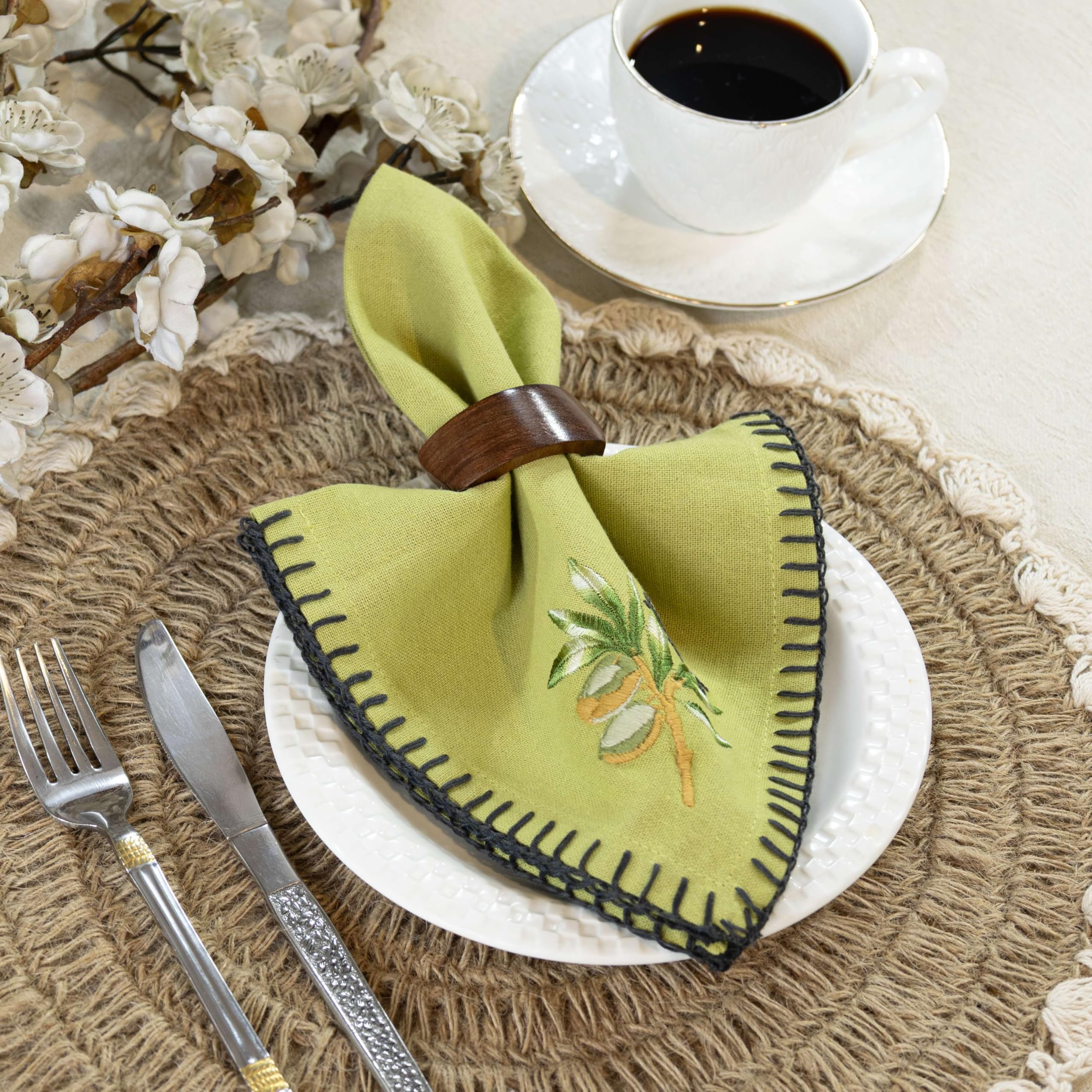 R home Premium Embroidered Cotton Table Napkins Set of 6 Reusable Cloth Dinner Napkins Soft Washable Dining Table Linen Elegant Kitchen Coffee Table Decor (R home Olive sprig, 40X40 CM)
