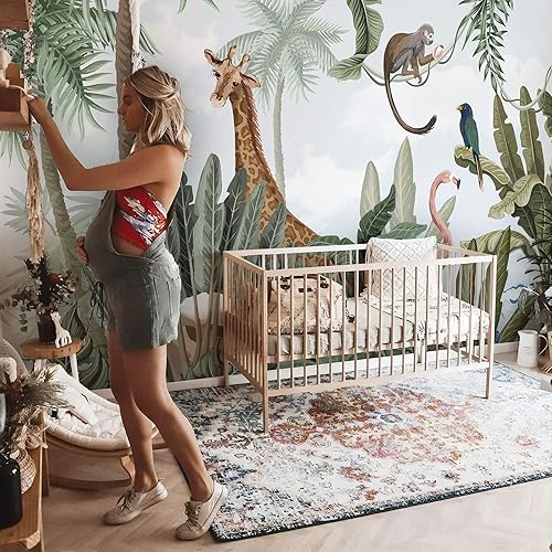 Miniatura 1 de Murwall Kids Wallpaper Safari Animals Wall Mural Pink Flamingo and Cute Giraffe Wall Print for Childroom Forest Wall Art Kidsroom