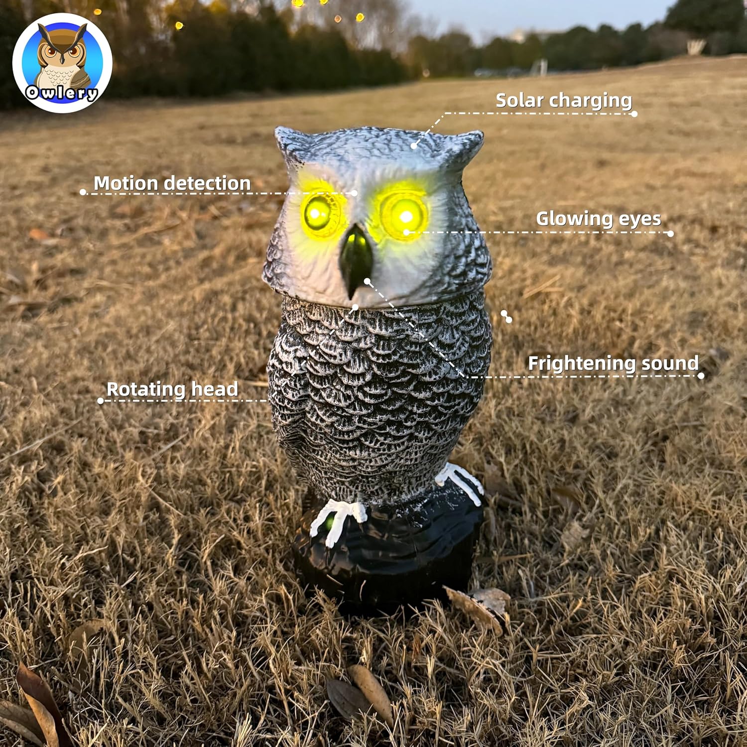Snowy Solar Owl With Motion Detector, Flashing Eyes, Spinning Head, Realistic Hooting and Silent Mode, Outdoor Statue, Winter Garden Decoration for Home, Patio and Fence - Image 2