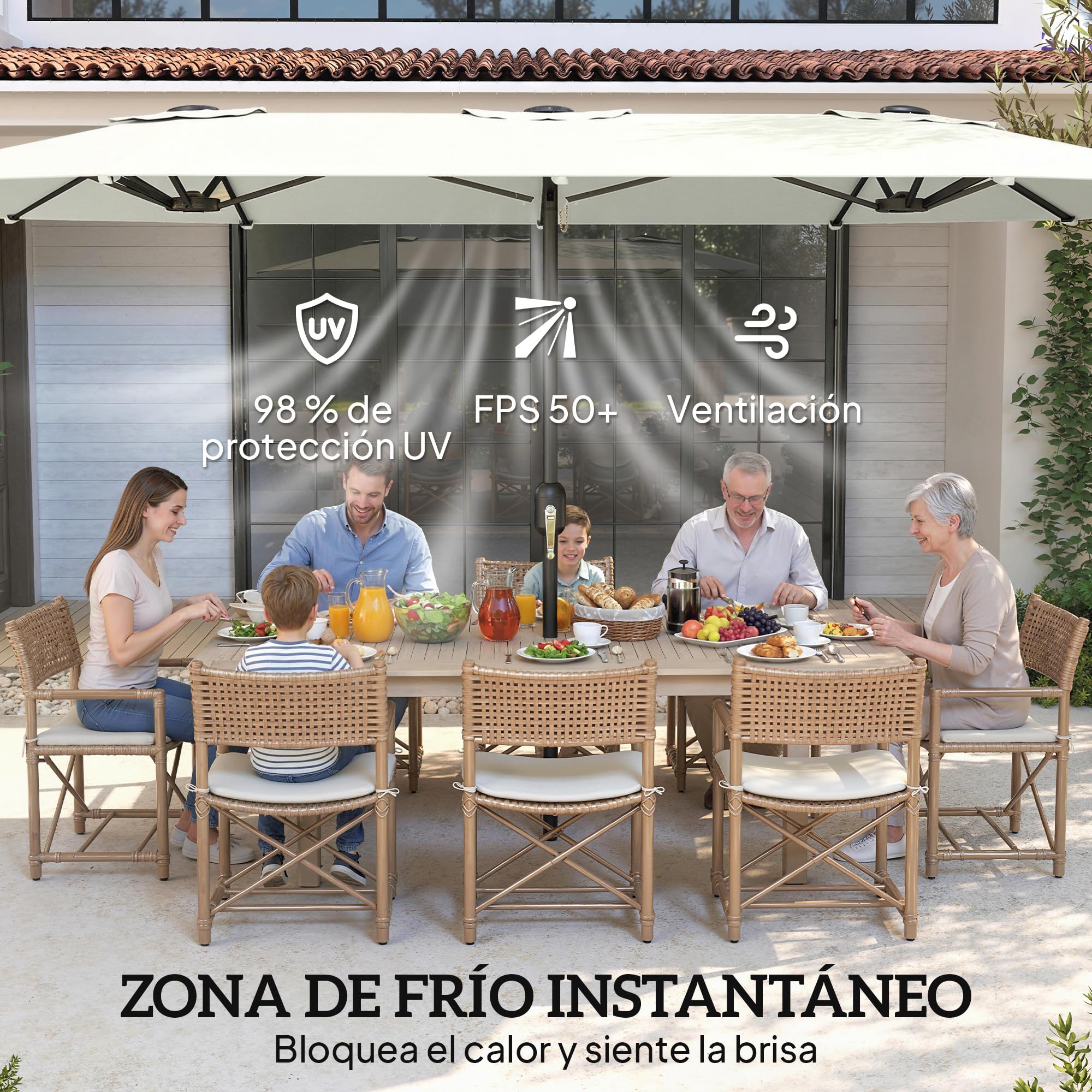 Outsunny Sombrilla Doble 4,6x2,6 m con Manivela Manual UV50+ Blanco | Sombrilla Terraza Exterior, Funda Protectora, Resistente al Agua, Parasol para Jardín, Terraza, Patio