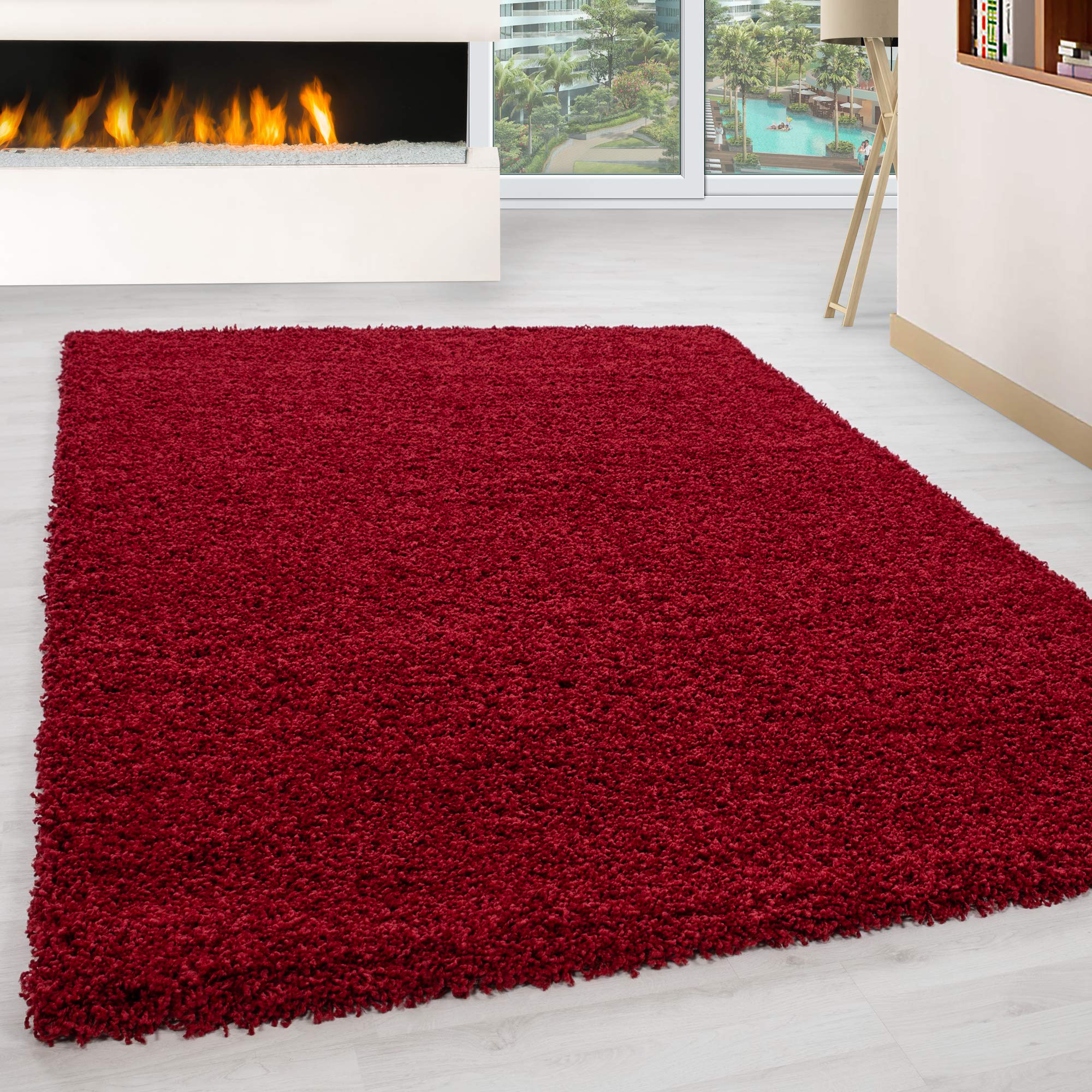 Tapis shaggy rouge résistant et facile à nettoyer pour grand salon rectangulaire