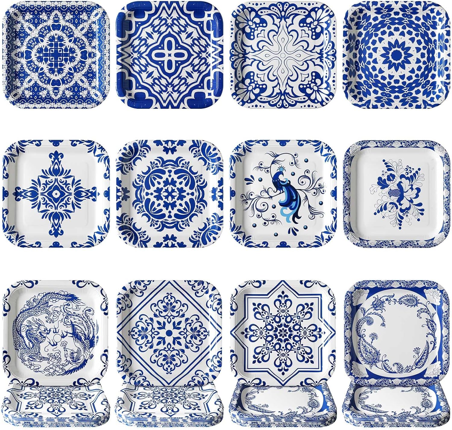 Nitial 120 Pcs Blue and White Flower Paper Plates 9 Inch Chinoiserie Disposable Square Plates Bulk Blue and White Decorative Dinner Dessert Tableware for Wedding Birthday Tea Party Supplies(Square)