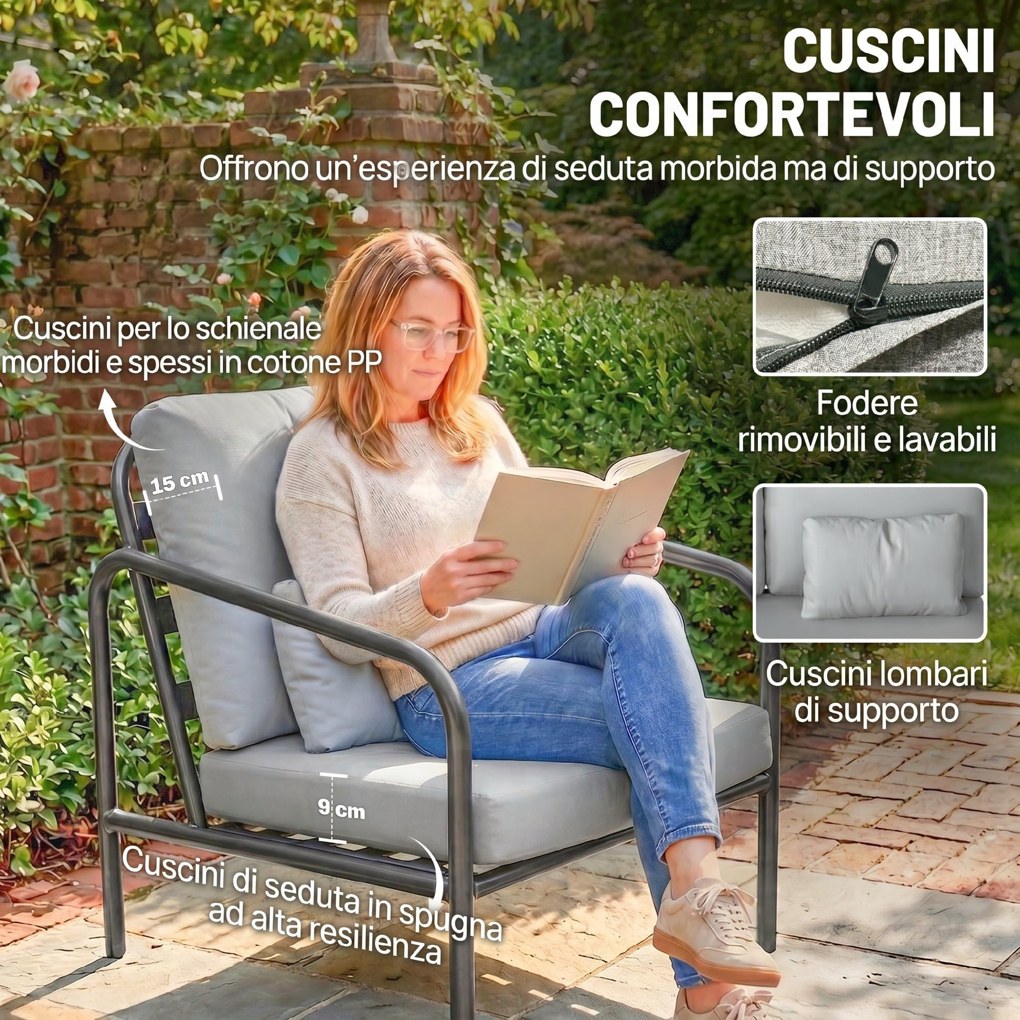 Outsunny Set Salotto da Giardino 4 Pezzi, Acciaio, Divano 2 Posti, Poltrone, Tavolino Vetro, Cuscini, Grigio Chiaro