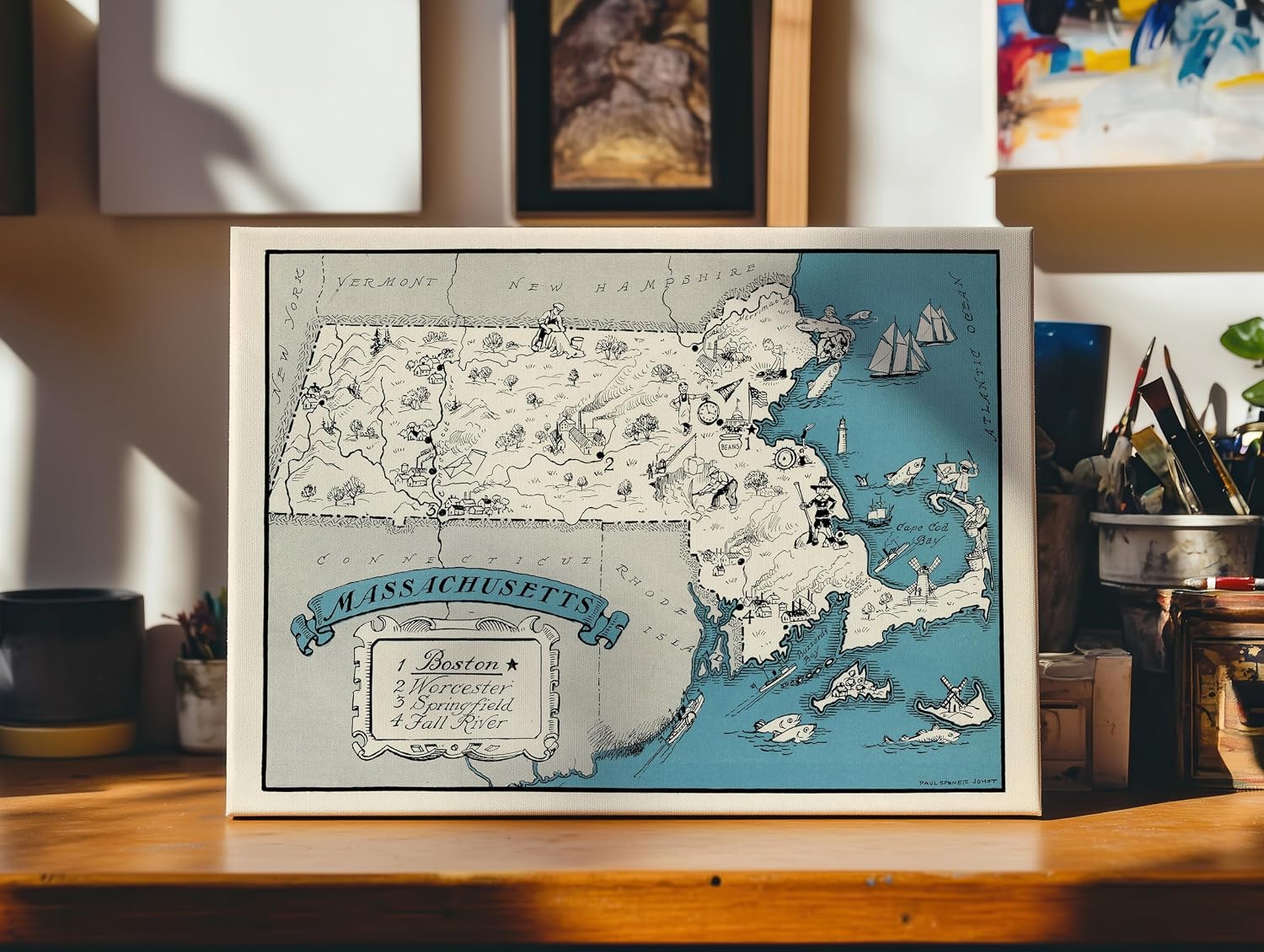 Poster Master Map Canvas - Retro Massachusetts State Print - Educational Art - Gift for Teacher, Student, Travel Lover - Decor for Classroom, Office, Dorm - 8x10 STRETCHED Canvas