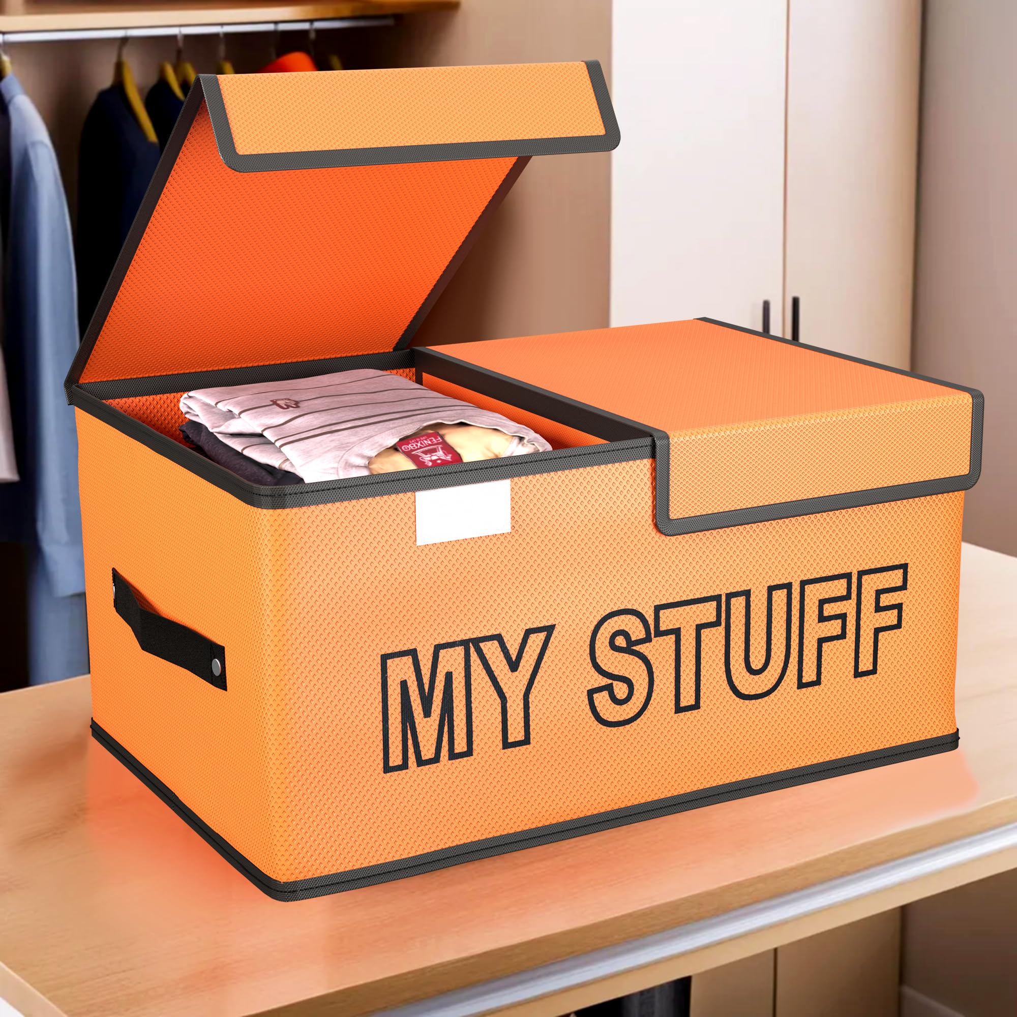 Kuber Industries Clothes Wardrobe Organizer (Large) Foldable Double Lid Drawer Organiser | 2-Compartments | Non-Woven Cupboard Organiser | Clothes Organizer | My Stuff | Orange