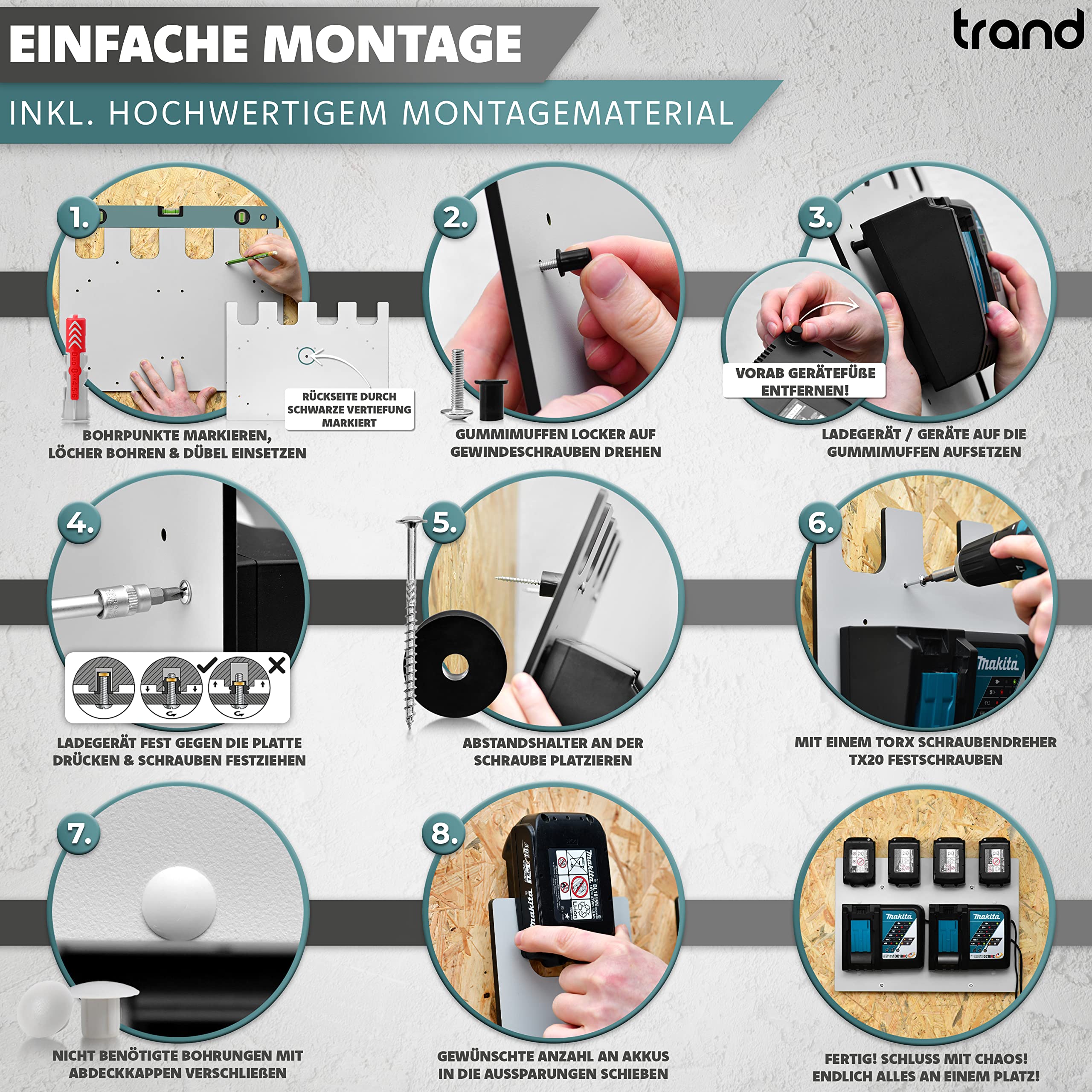 trand Wandhalterung für Makita Akkus (18V & 14,4V) & Ladegeräte – Robuster Akkuhalter für Werkstatt & Garage | Premium Qualität Made in Germany