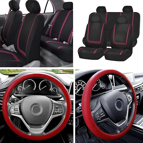 Miniatura 1 de FH Group Juego completo de fundas de asiento de automóvil de tela plana con funda de silicona para volante, ajuste universal para la mayoría de
