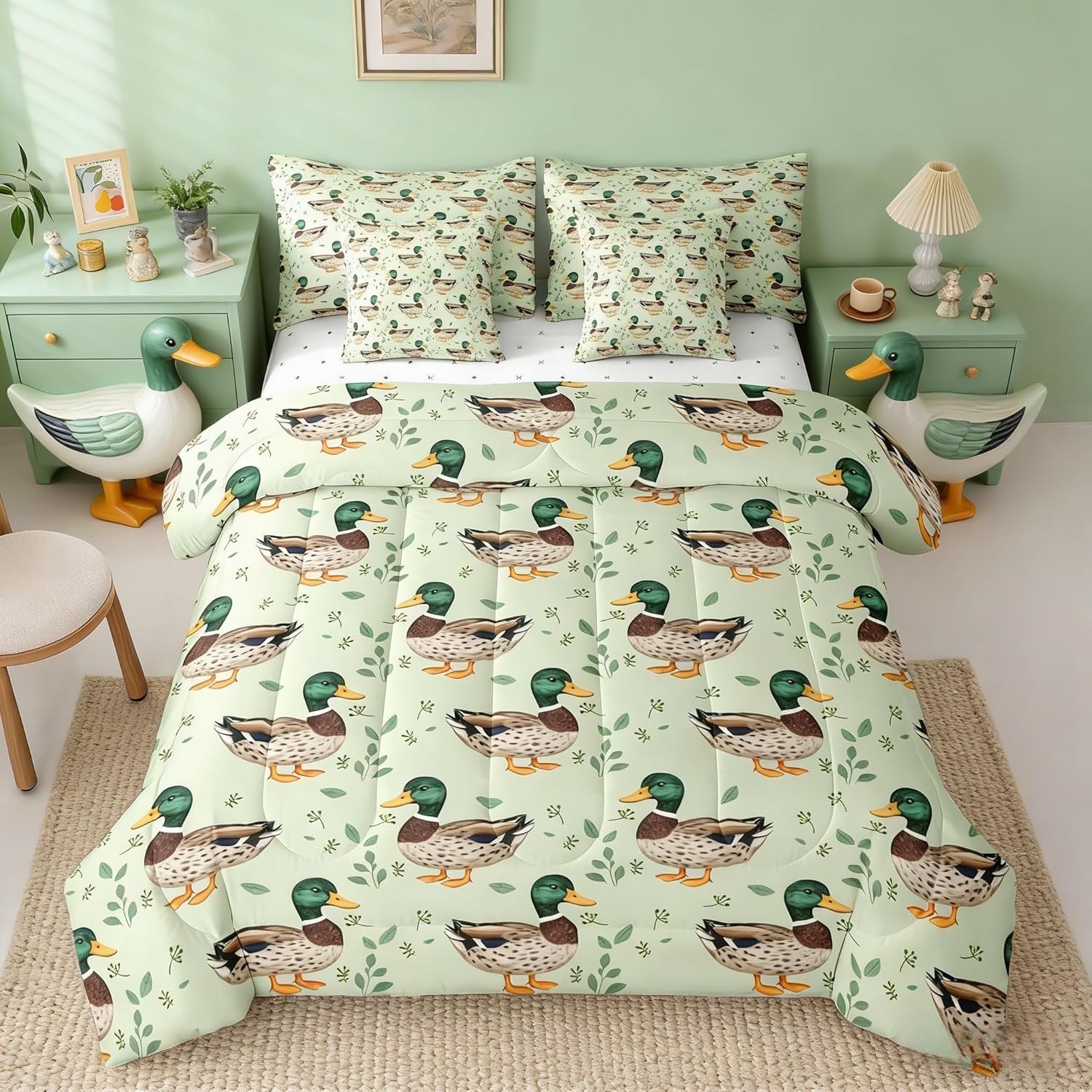 Erosebridal Cute Mallard Duck Full Size 7 Piece Bedding Set for Kids Hunting Fishing Wild Duck Bed in A Bag Farm Animal Rustic Comforter Set for Girls Boys Teens Bedroom Farmhouse Wildlife Bed Sets