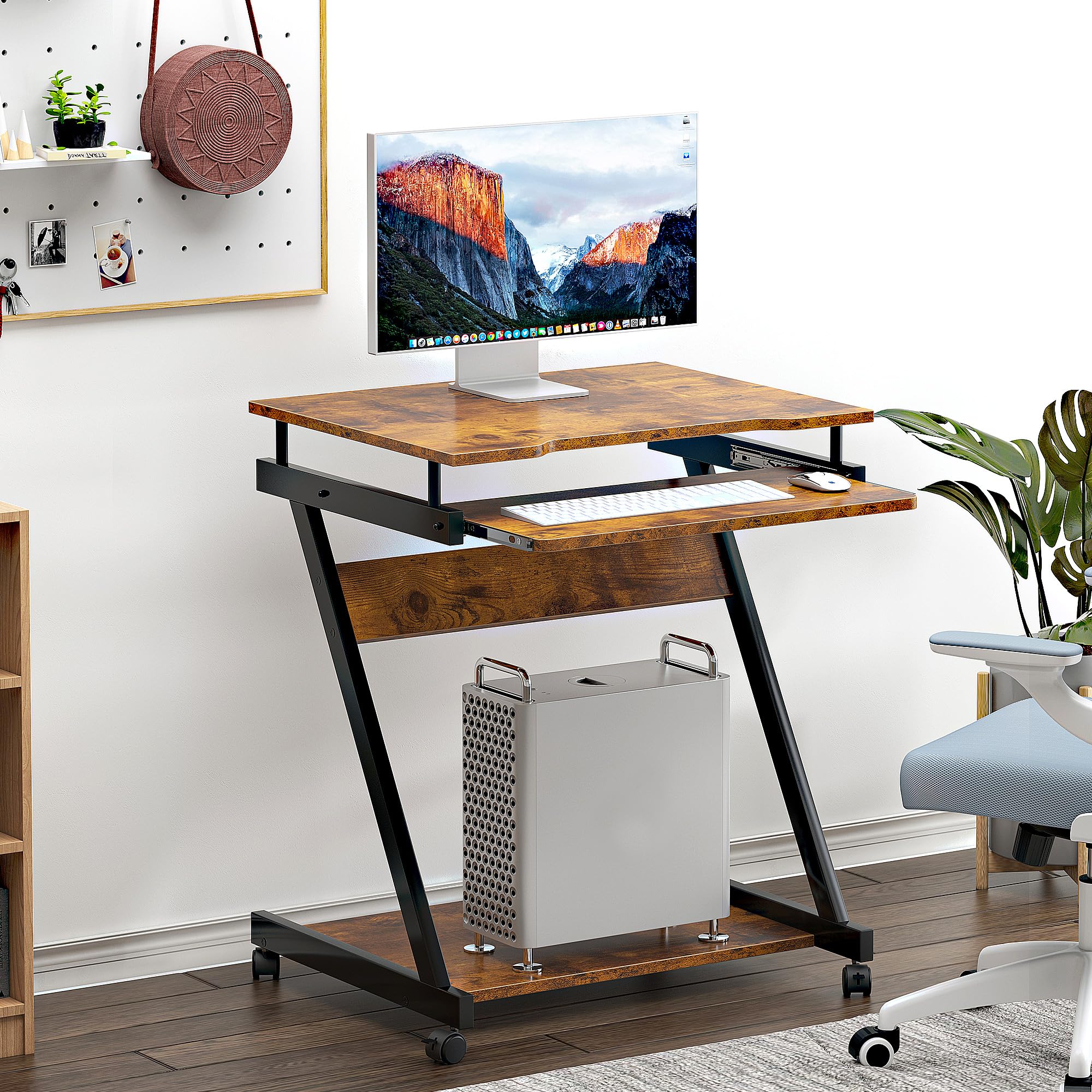 sogesfurnitureMobile Computer Desk Small Rolling Office Table Workstation with Printer Shelf and Keyboard Tray, Space-Saving Computer Desk with Storage Shelf for Home and Office (Retro)