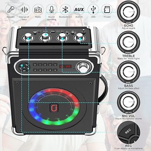 Miniatura 4 de JYX - Máquina de karaoke con dos micrófonos inalámbricos, altavoz Bluetooth portátil con ajuste de graves/agudos, sistema de PA con control remoto