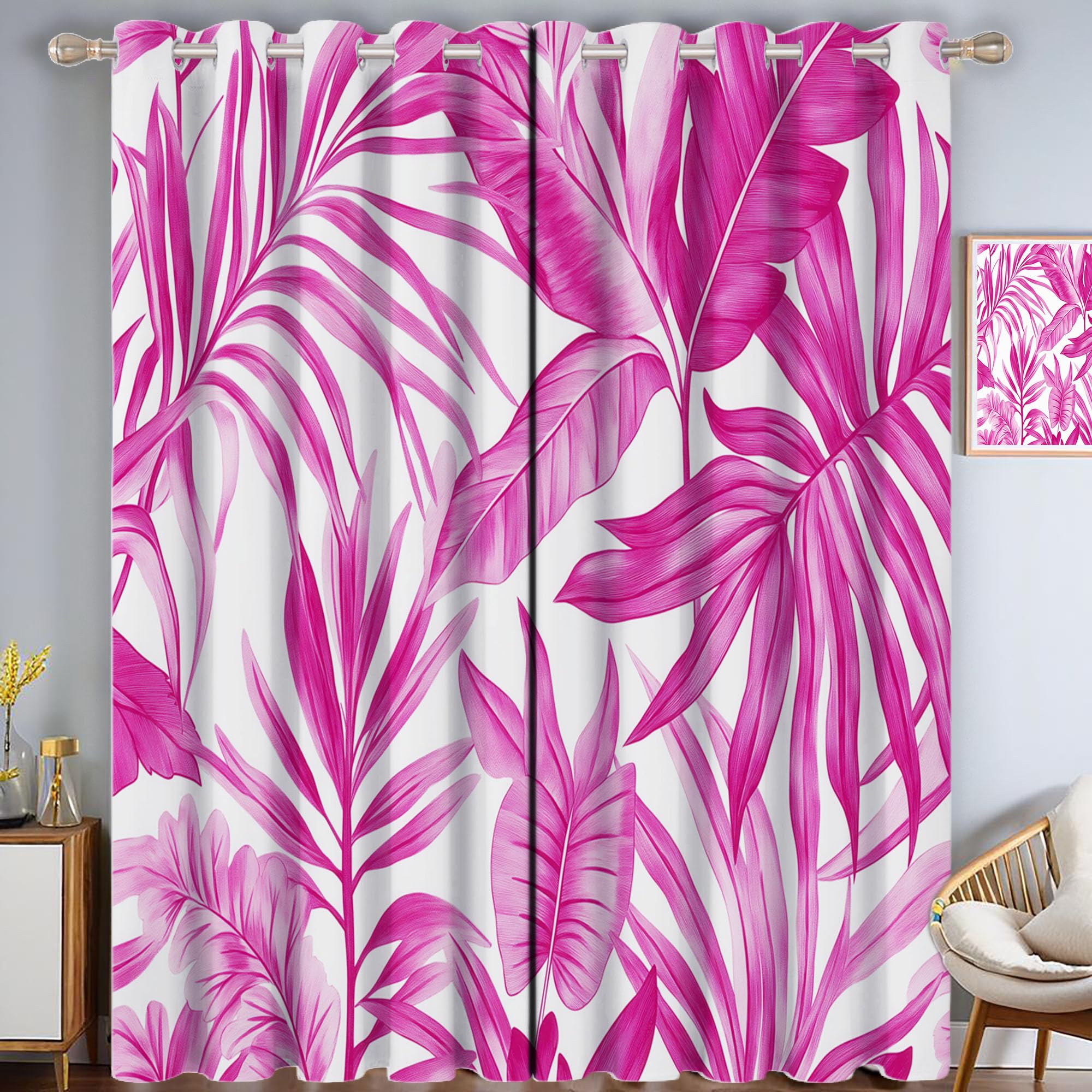 95% Rideaux Stampa a base vegetale Foglie di palma e foglie di banano, Isolation Thermiques, Tissu Doux et Infroissable,pour Chambre Salon Cuisine, Rosa 117 X 137 cm Lot de 2