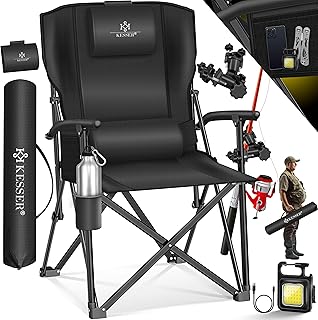KESSER® Chaise de camping pliable jusqu'à 160 kg, Chaise de pêche pliante rembourrée avec accoudoirs, Lampe de camping et porte-gobelet + sac à dossier haut, Chaise de plage avec support de pêche