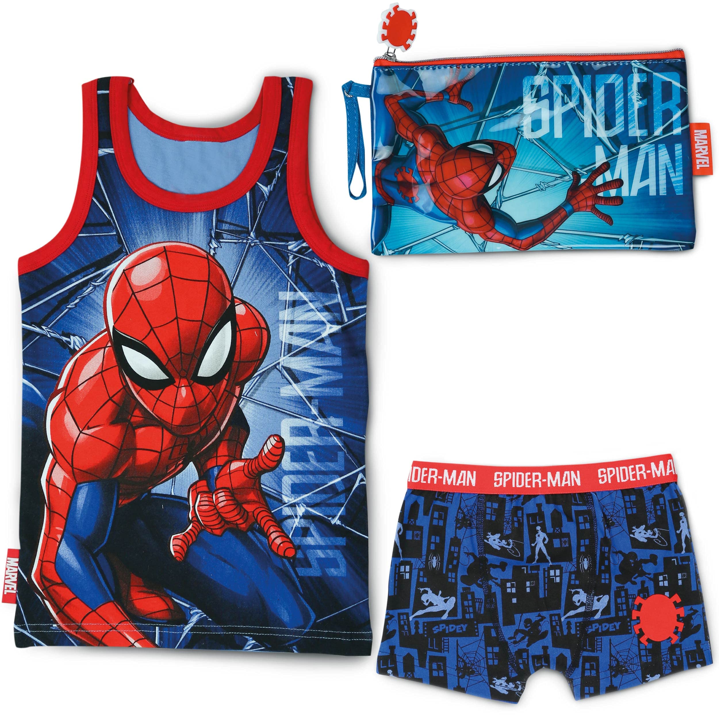 BONNYCO Pijama Niño y Neceser Pequeño Spiderman - Conjunto de Pijama con Camiseta de Tirantes y Pantalón Corto - Incluido Neceser Niño para Guardar Accesorios | Pijamas Niños Verano y Bolsa de Aseo