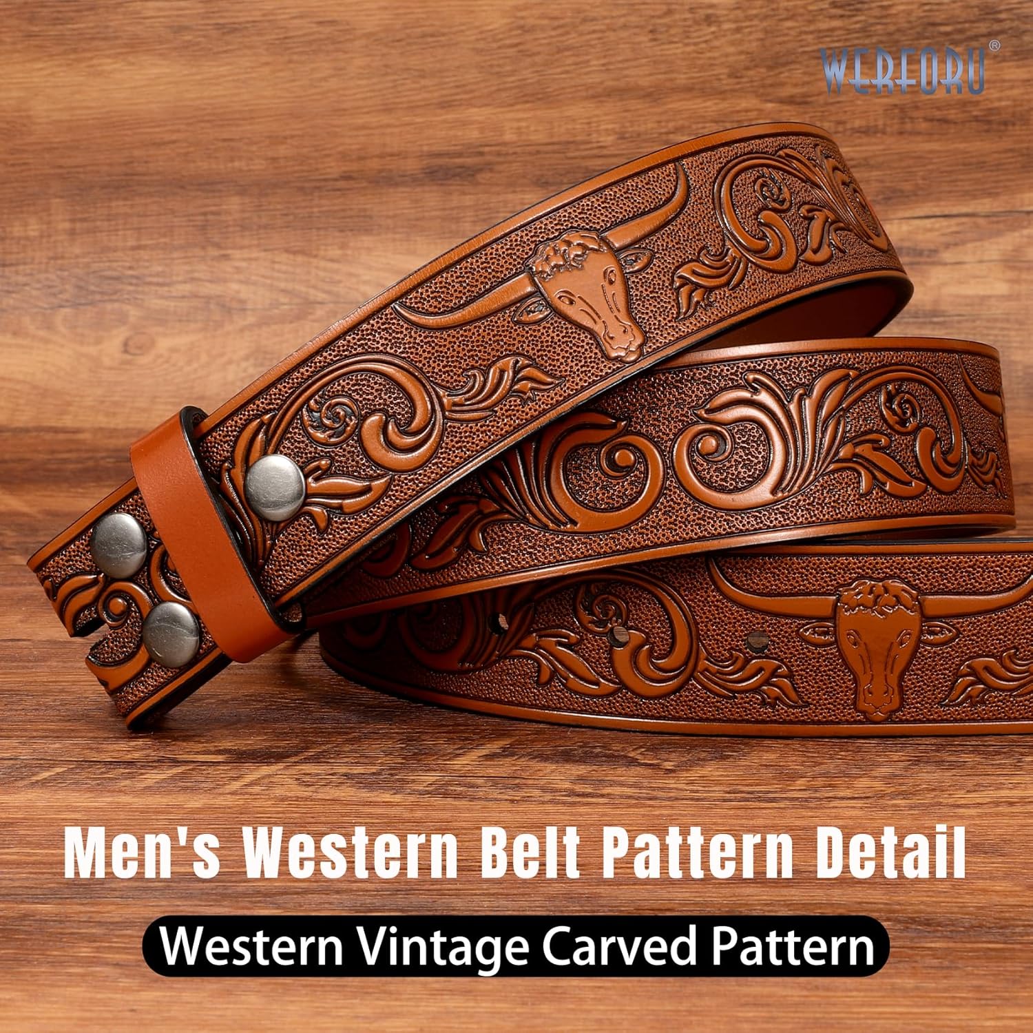WERFORU Western Leather Belt Strap for Men Women Cowboy Western Belts without Buckle Men Western Leather Belt for Jeans Pants Dresses,B-brown,Fit Size 37"-41" - Image 2