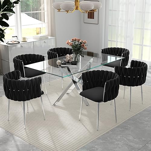 Miniatura 46 de Juego de mesa de comedor de cristal dorado de lujo para 4, juego de comedor cuadrado de 5 piezas con parte superior de vidrio transparente, juego de