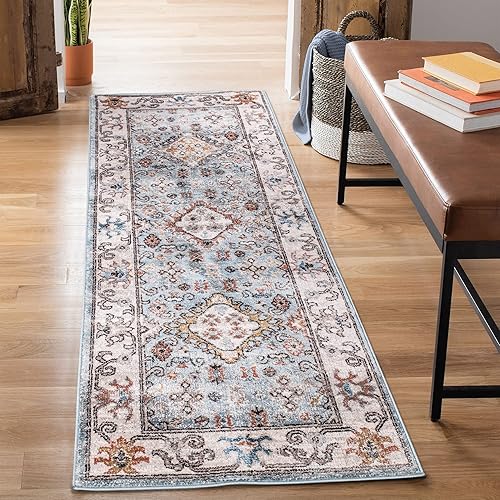 Bloom Rugs Alfombra de pasillo de 2.5 x 10 pulgadas, color azul claro y óxido, con bordes tradicionales para entrada, pasillo, baño y cocina, tamaño