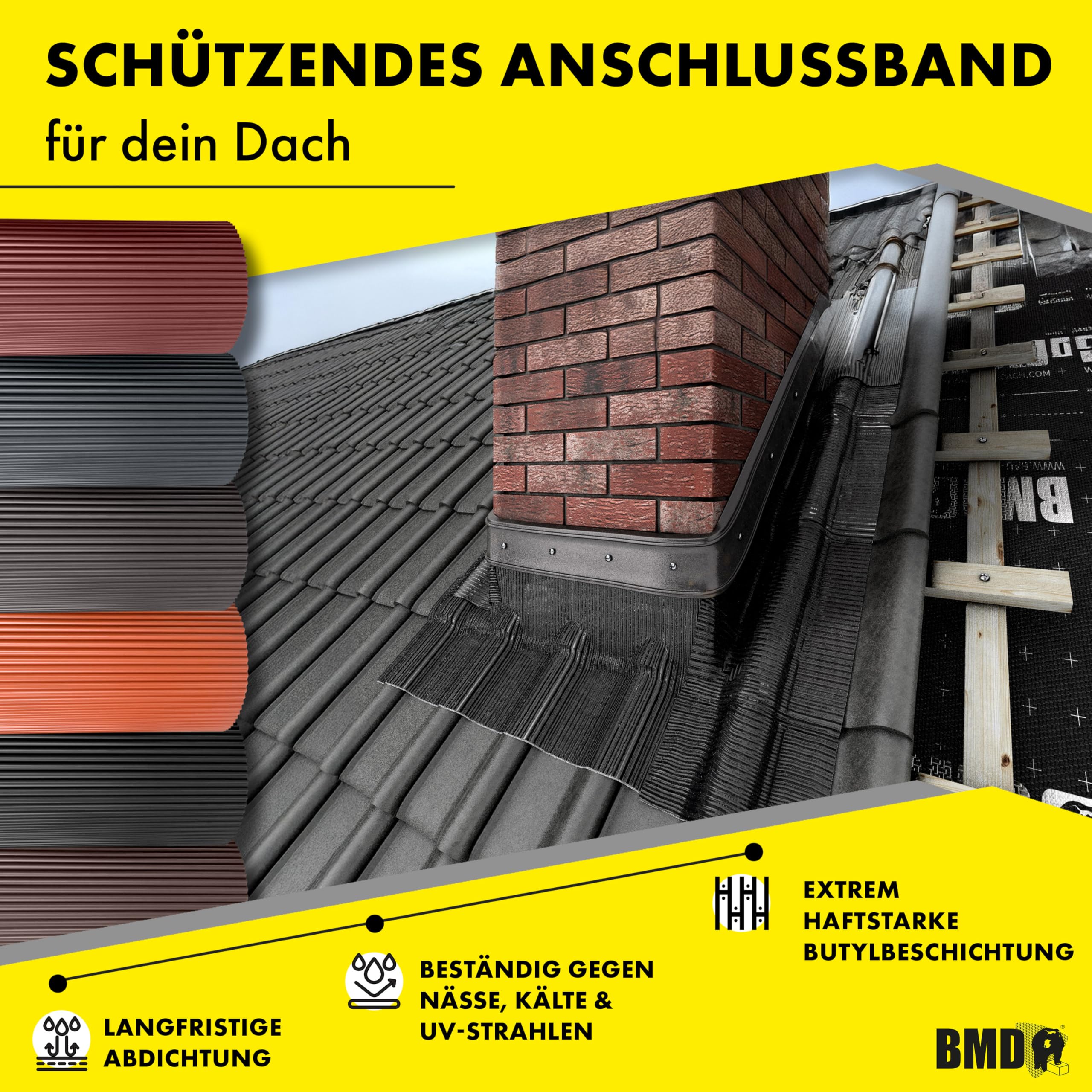 BMD Kaminanschlussband | 6 Farben | 300 mm x 5 m | anthrazit RAL 7021 | Wandanschlussband | UV-beständig | Butylkleber selbstklebend | Schornstein | Dachfenster | Erker | Kamin | Dach | Wand