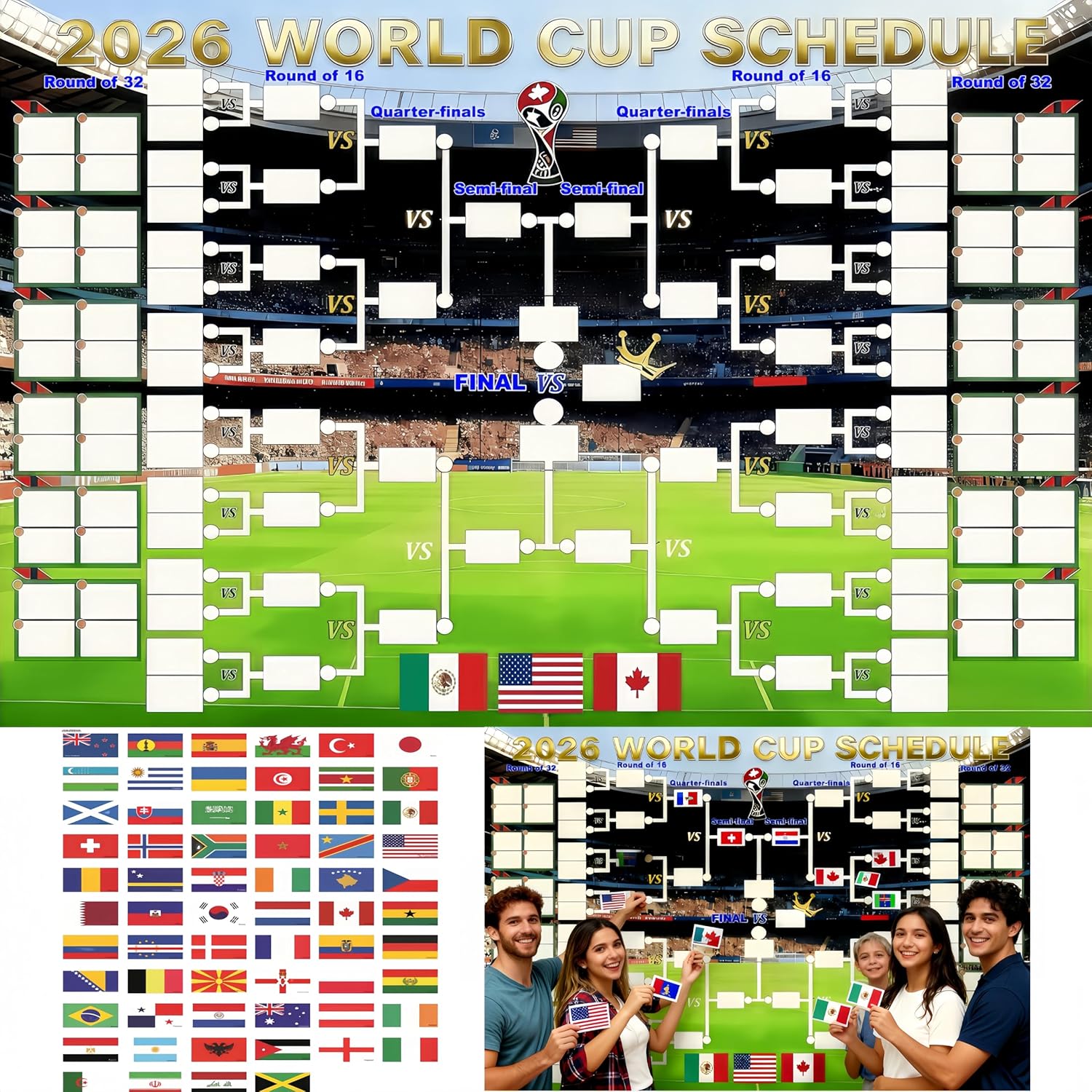 YXYOUNG DIY Predict 2026 World Cup Schedule Poster, Reusable National Flags Sticker, 27X40 inches Tournament Bracket Wall Chart, Valentine Gift for Soccer Fans and Soccer Game Day Party
