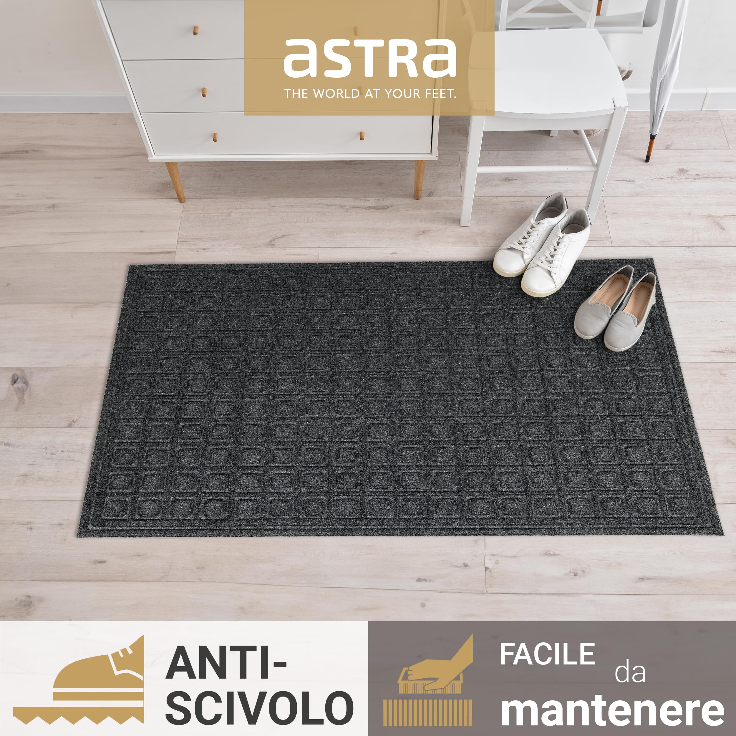Astra Zerbino antiscivolo per esterni - Tappetino antipolvere resistente alle intemperie - Tappeto per porta d'ingresso antisporco - Set di 2 45 x 75 cm - box grigio