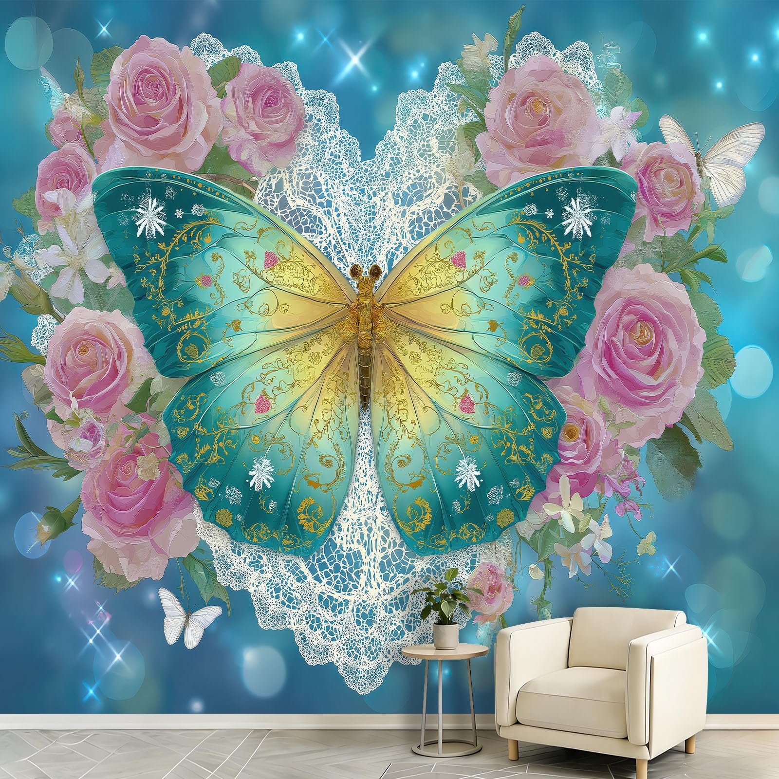 Bohema kwiatowe fototapety 400 x 280 cm, koronkowe serce, motyl, mural usuwalna tkanina okryciowa, duża fototapeta do salonu, sypialni, kuchni, łazienki, biura, dla dzieci