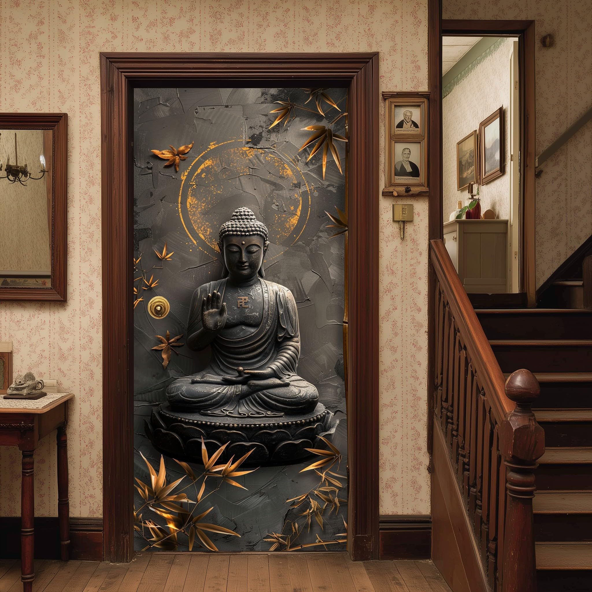 Asiatischer Stil Buddha Türaufkleber Orientalische Blätter Türfolie Selbstklebende Zen Gold Türfolie Türtapete Türposter, PVC Wasserdichte Fototapete Wandbild DIY Türtapete Selbstklebend 95x210 cm