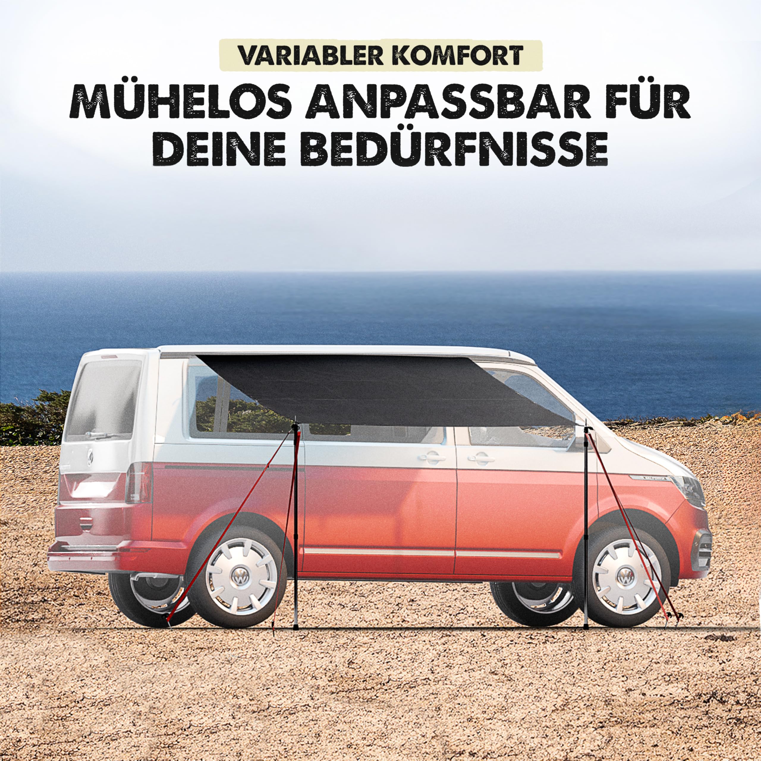 Sonnensegel für Wohnwagen & Bus (2,2 x 2,5 m) mit Keder – Inkl. 2 Teleskopstangen – Universelles Vorzelt & Markise für Auto & Camping