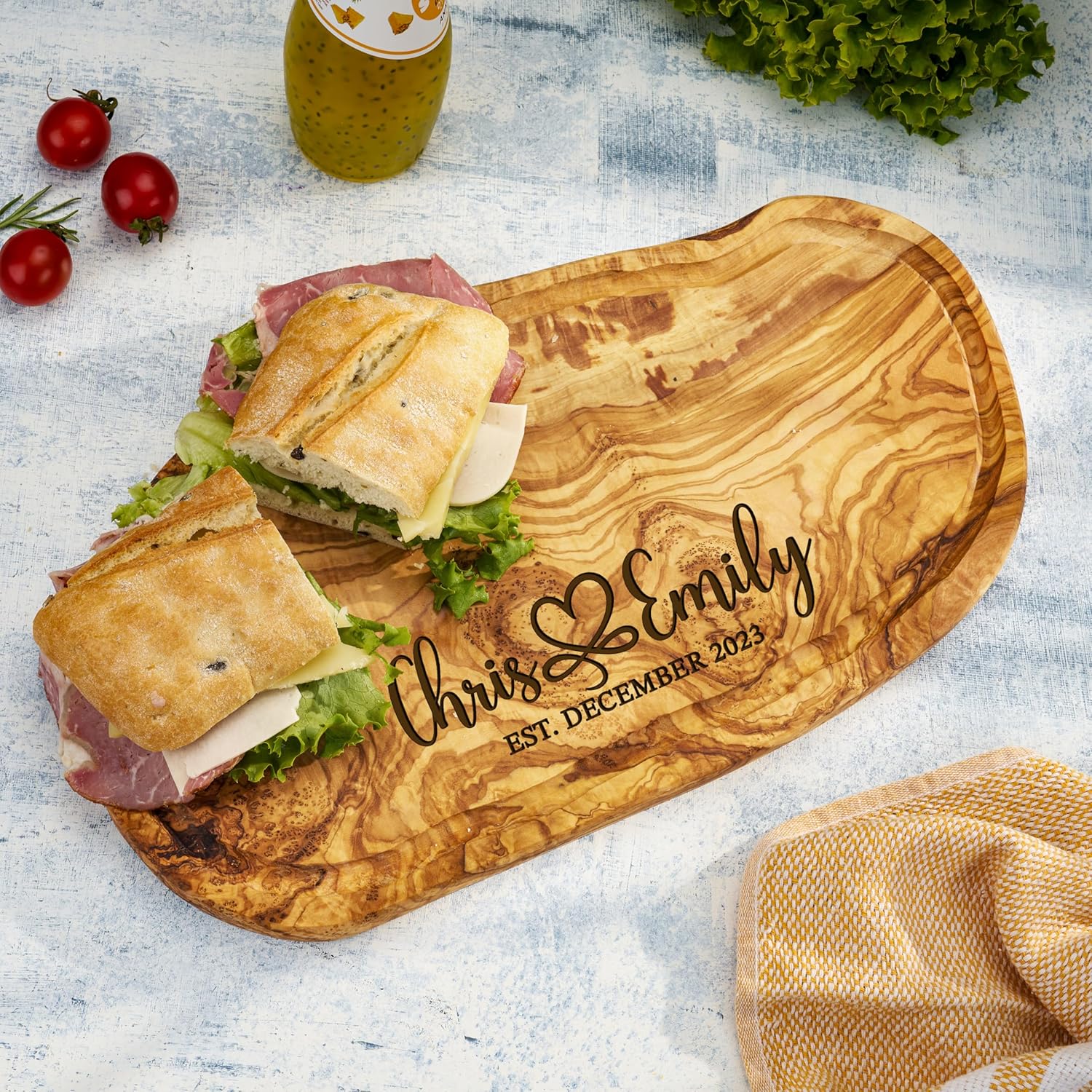 AWESOMETIK Juice Groove Personalized Olive Wood Gourmet Cutting Board – Artisan Made Olivewood Serving Board for Cheese, Bread, Meats – Luxury Kitchen Accessory Gift- Handcrafted - Premium - Natural