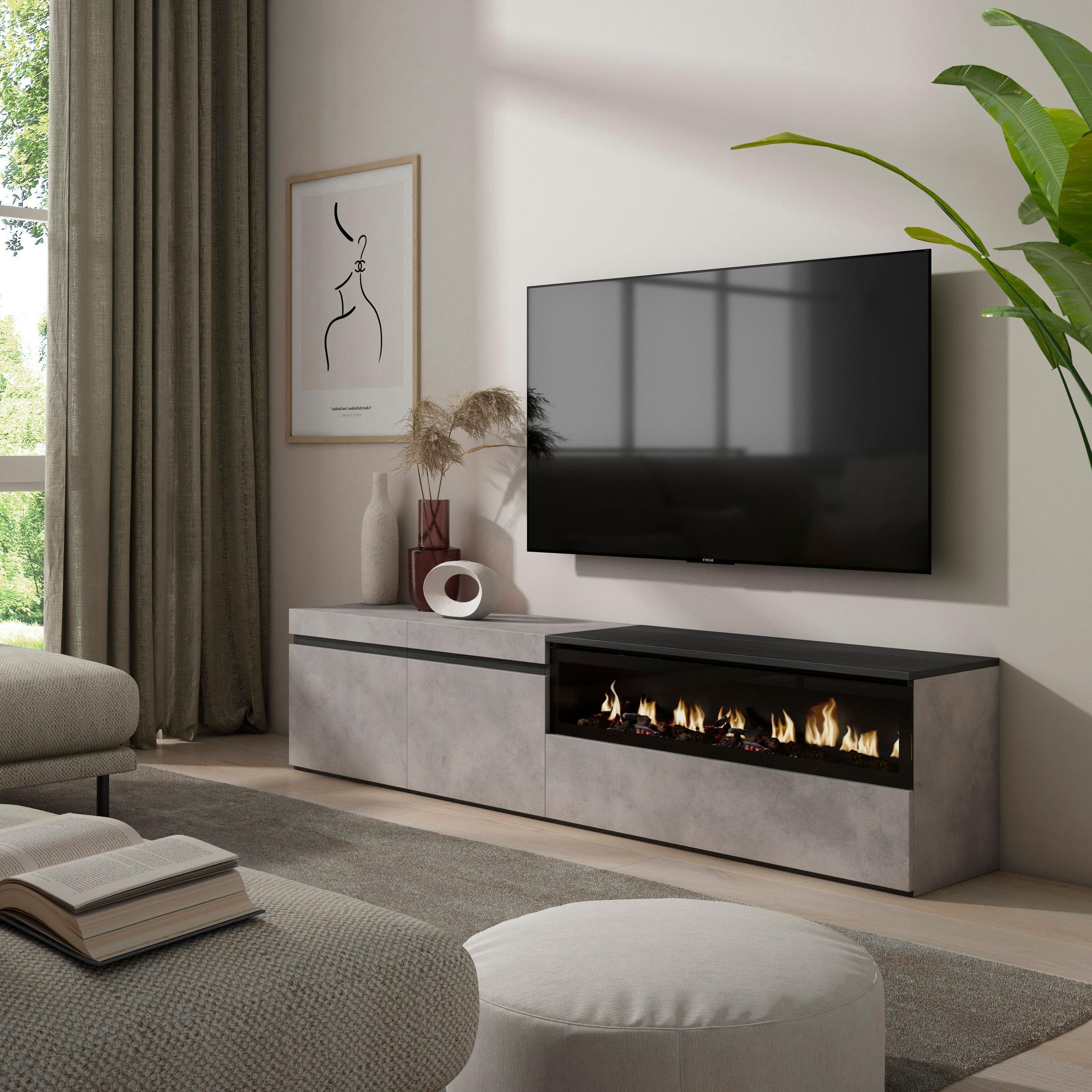 Skraut Home | Mobile TV Soggiorno | Ampio spazio a disposizione | 200x45x35cm | Per TV fino a 80" | Camino elettrico | Stile moderno | Cemento