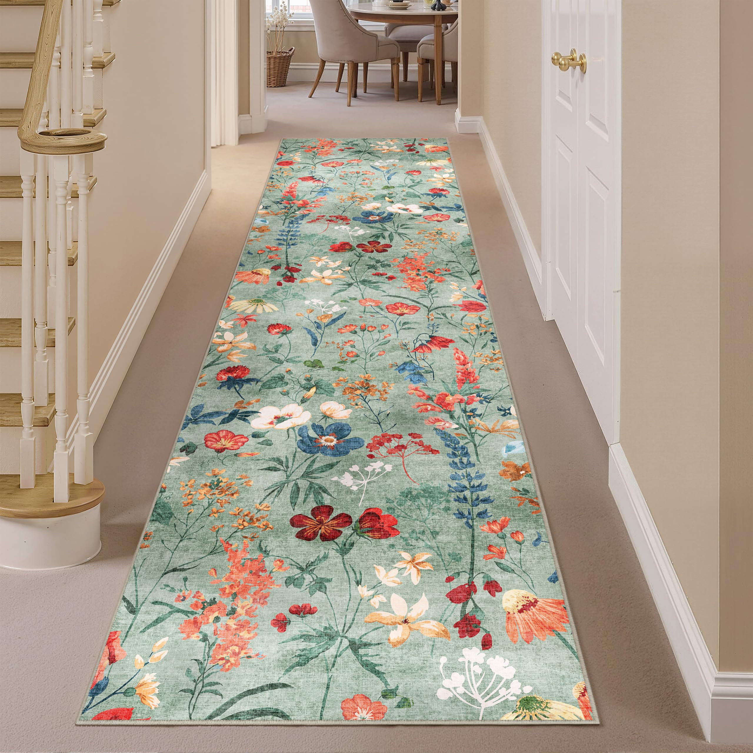 HUGEAR Hallway Runner 80x300cm Green Floral Kitchen Runners Washable โ image 1