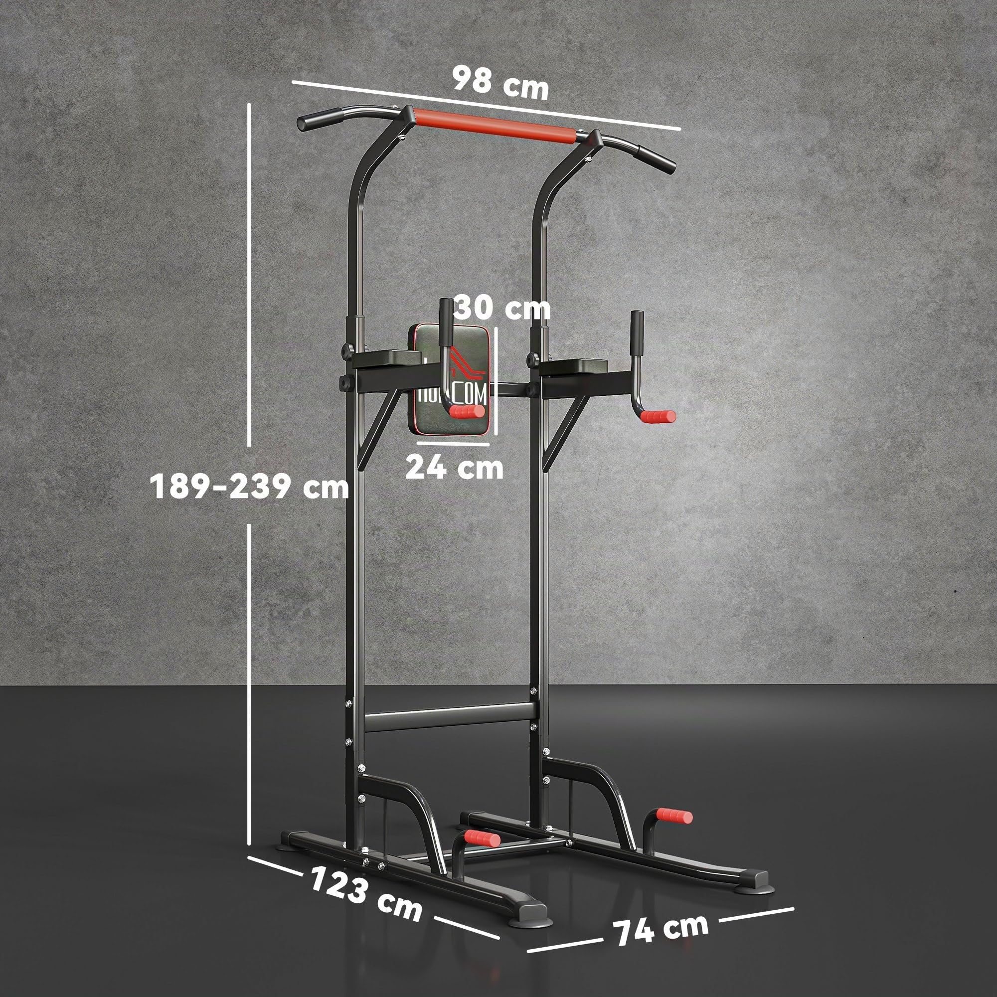 HOMCOM Barra de Dominadas Altura Regulable con 7 Orificios Torre de Ejercicios Estación Multifuncional para Entrenamiento Fitness Casa Gimnasio Oficina Carga 120 kg 123x98x189-239 cm