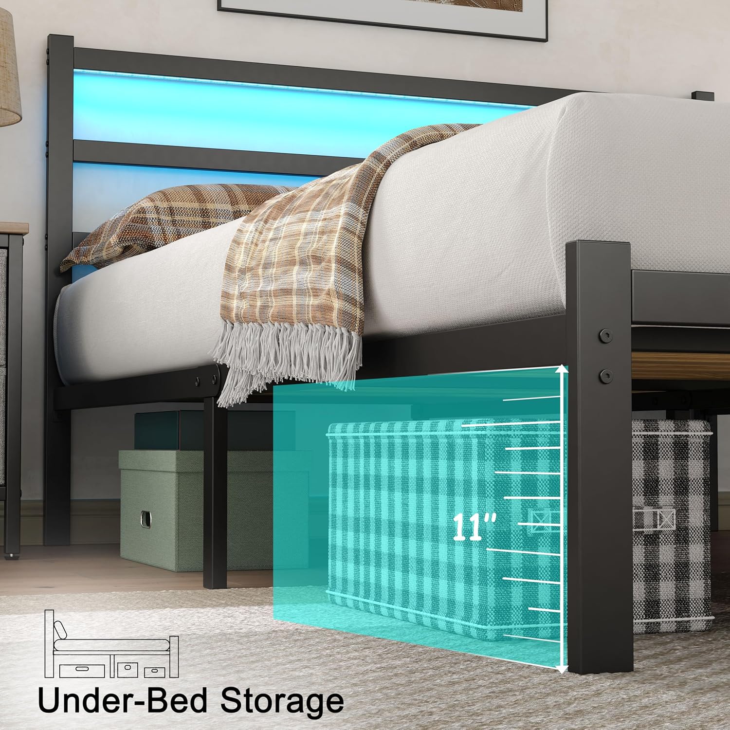 Full Bed Frame with Smart LED Lights, Storage Headboard and USB Charging Station,Heavy Duty Wooden Slats, No Box Spring Needed, Noise Free, Easy Assembly (Minimalist Black, Full)