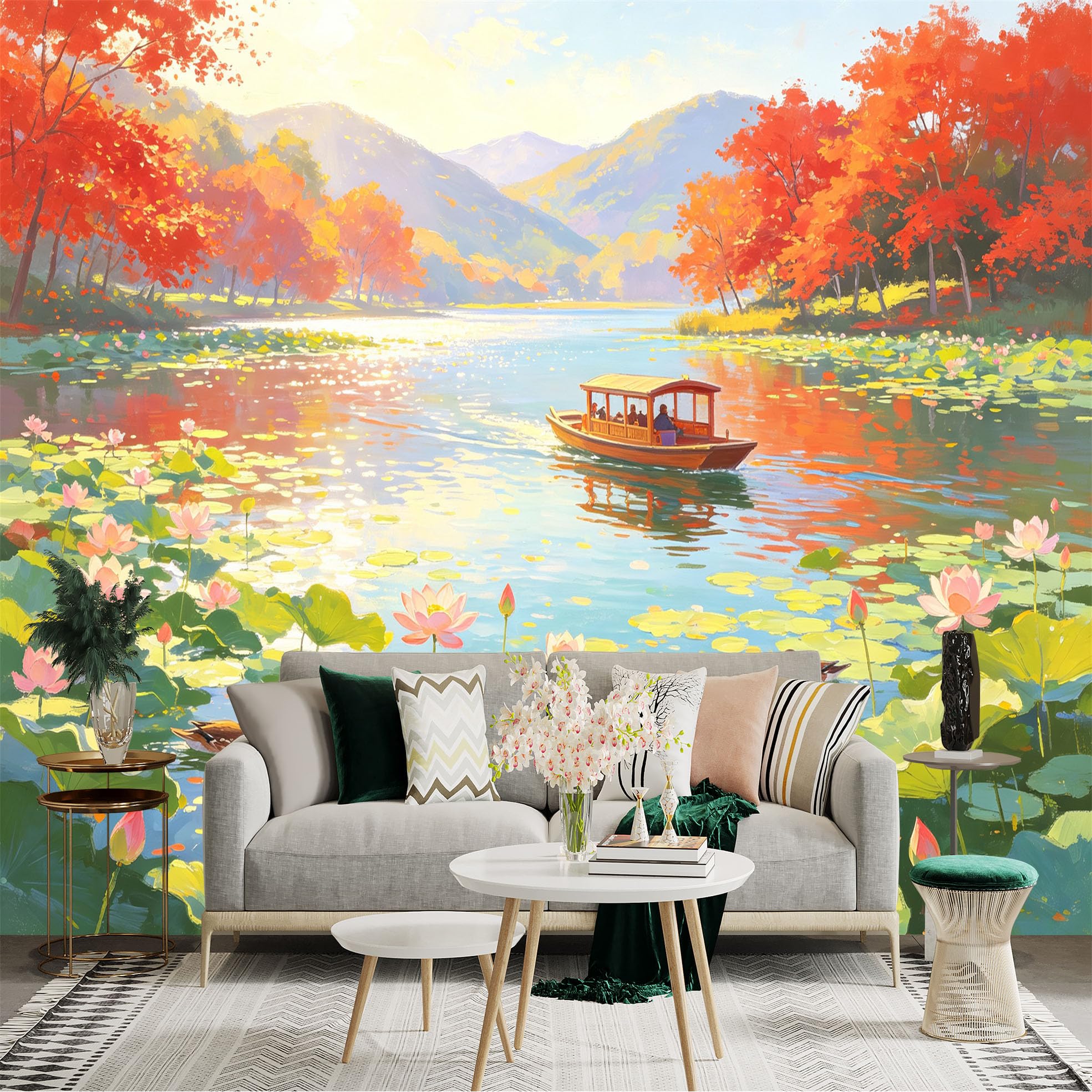 Custom Size Wall Sticker Mural， Autumn Lake Landscape， Blooming Lotus Flowers， Mandarin Ducks and Traditional Boat， for wall Decoration， peelandstick wall Decals.