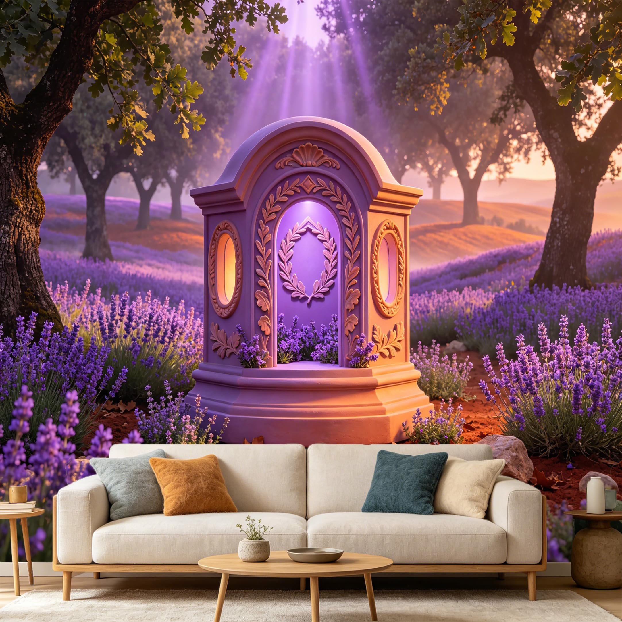 Custom Size Wall Mural， Romantic Purple Lavender Field Archway Landscape， SelfAdhesive Art Prints wall Fabric Removable Large Wallpaper Home Living Room Decor Aesthetic Backdrop