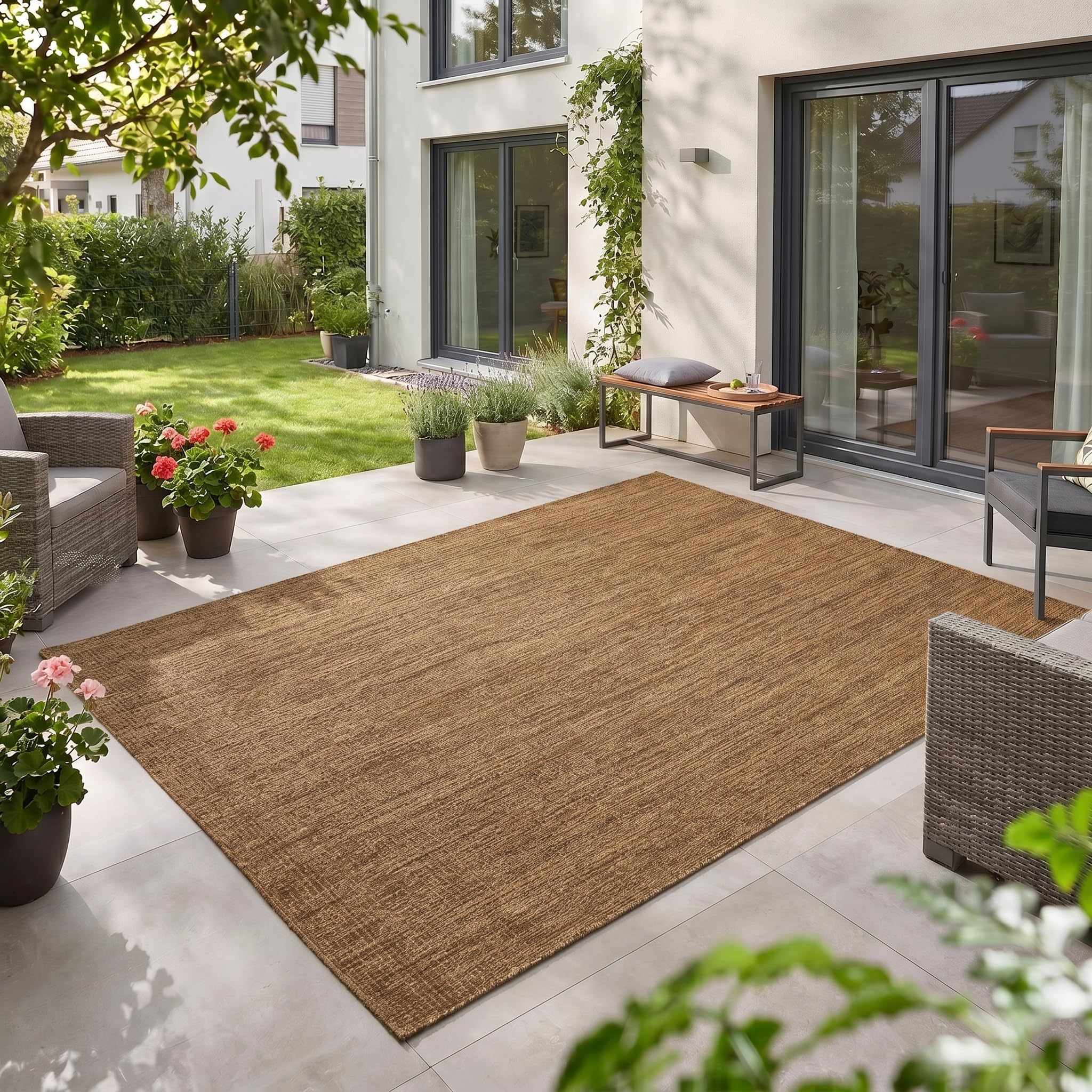 Teppium Outdoor Teppich Beige Balkon Terrasse Garten Wetterfest UV-beständig Teppich Einfarbig Flachgewebe Pflegeleicht Robust Modern