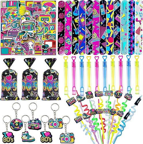 Juego de 122 piezas de decoraciones de fiesta de los años 80, suministros de fiesta temática de los años 90, pulseras y llaveros para fiestas de