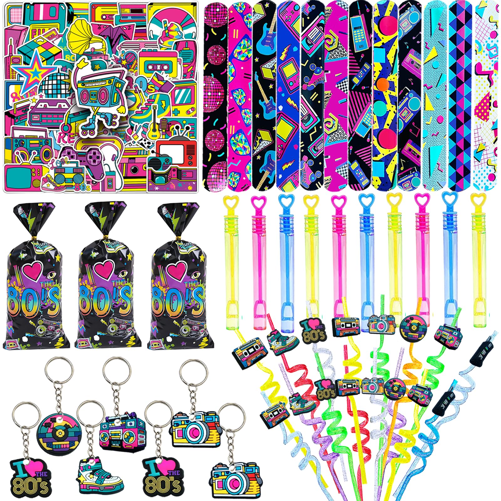 CHSLtmxq 122 PCS 80s Party Decorations 90s Themed Party Favors Supplies Set Slap Bracelets Keychains for Birthday Party 80s Adults Birthday Party