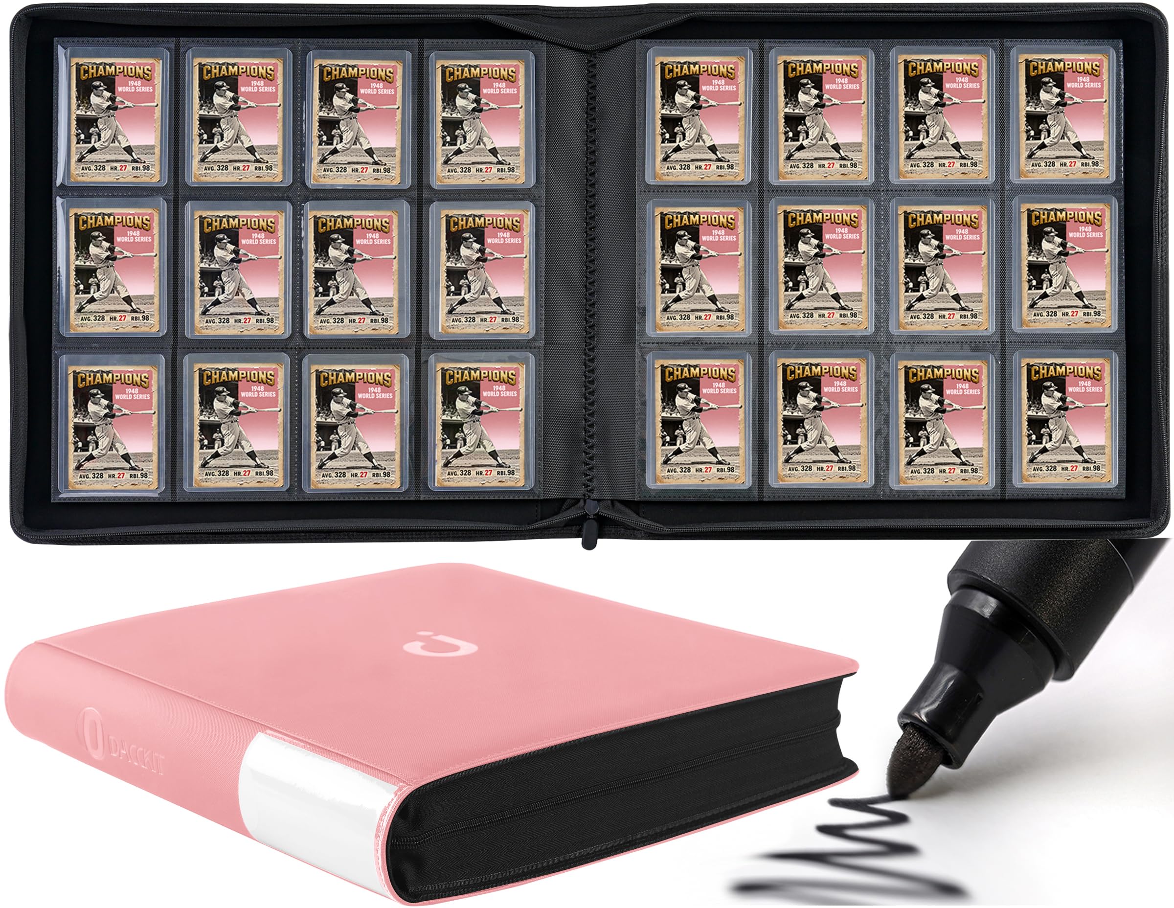 D DACCKIT Toploader Binder 12 Pocket - Fits 480 Cards，12 Pocket Top Loader Binders for Cards with Sleeves Compatible with 3" X 4" Rigid Card Holders for Trading Cards or Sports Cards - Light Pink
