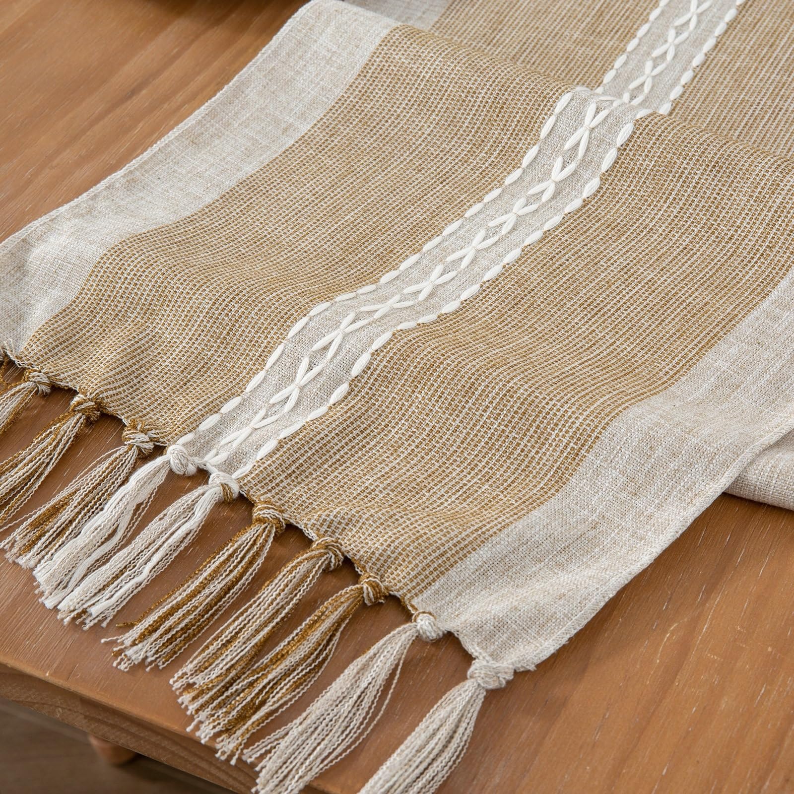 Tischläufer Modern Polyester, Tischläufer Hochzeit 35x280 cm, Zweifarbig Leinenoptik mit Quasten