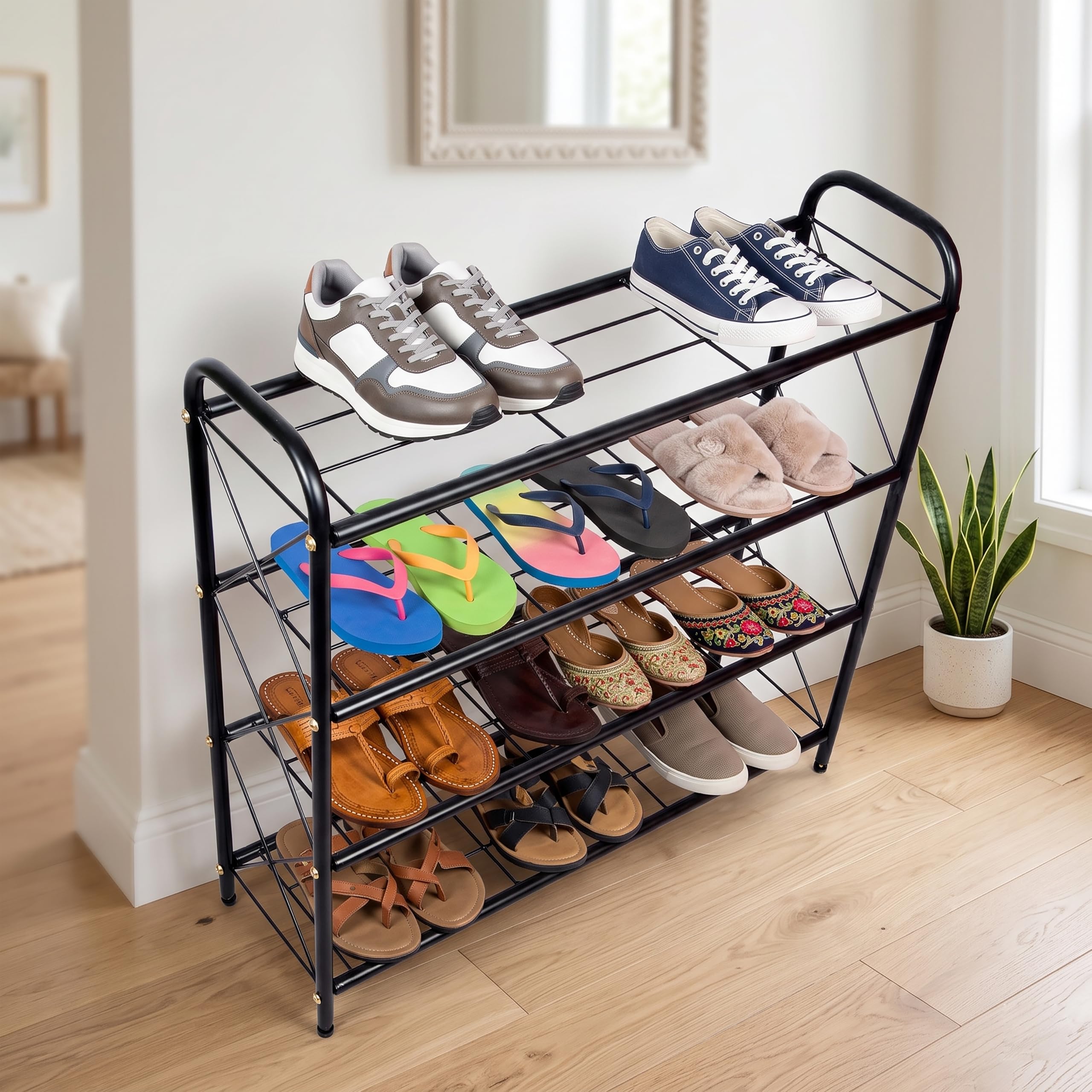 D&V ENGINEERING - Creative in innovation 4-Tier Metal Shoe Rack for Home, Closet, Entryway & Bedroom|Durable Steel Shoe Organizer|Holds 6 Pairs|Easy Assembly Shoe Rack Stand|Size: 67 x 20.5 x 65 cm
