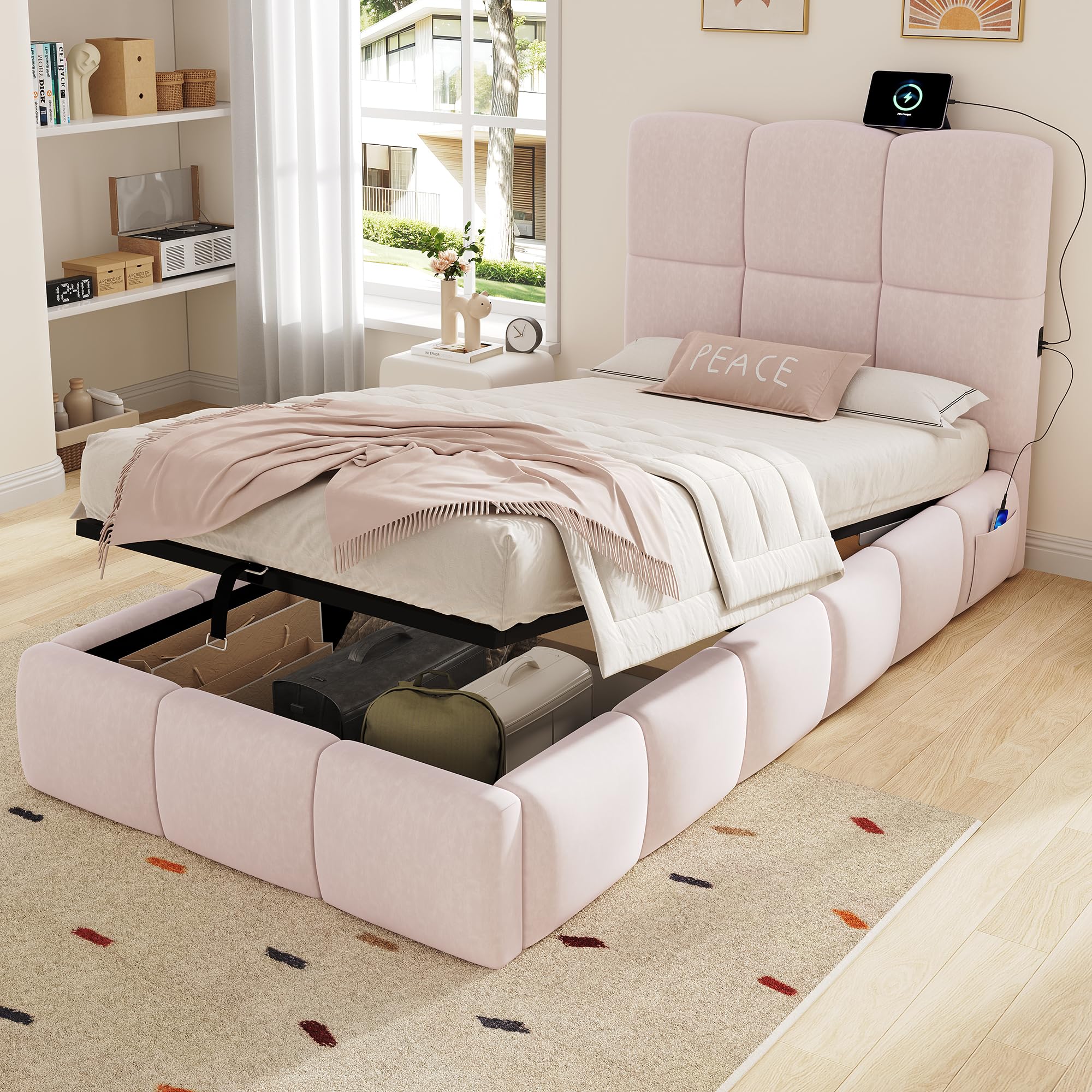 Merax 3FT Upholstered Single Bed 90x190cm for Children, Velvet Hydraulic Storage Bed with USB & Type-C Charging, Large Ottoman Storage Bed Frame, Padded Headboard & Rounded Edges, Pink-No Mattress — image 1