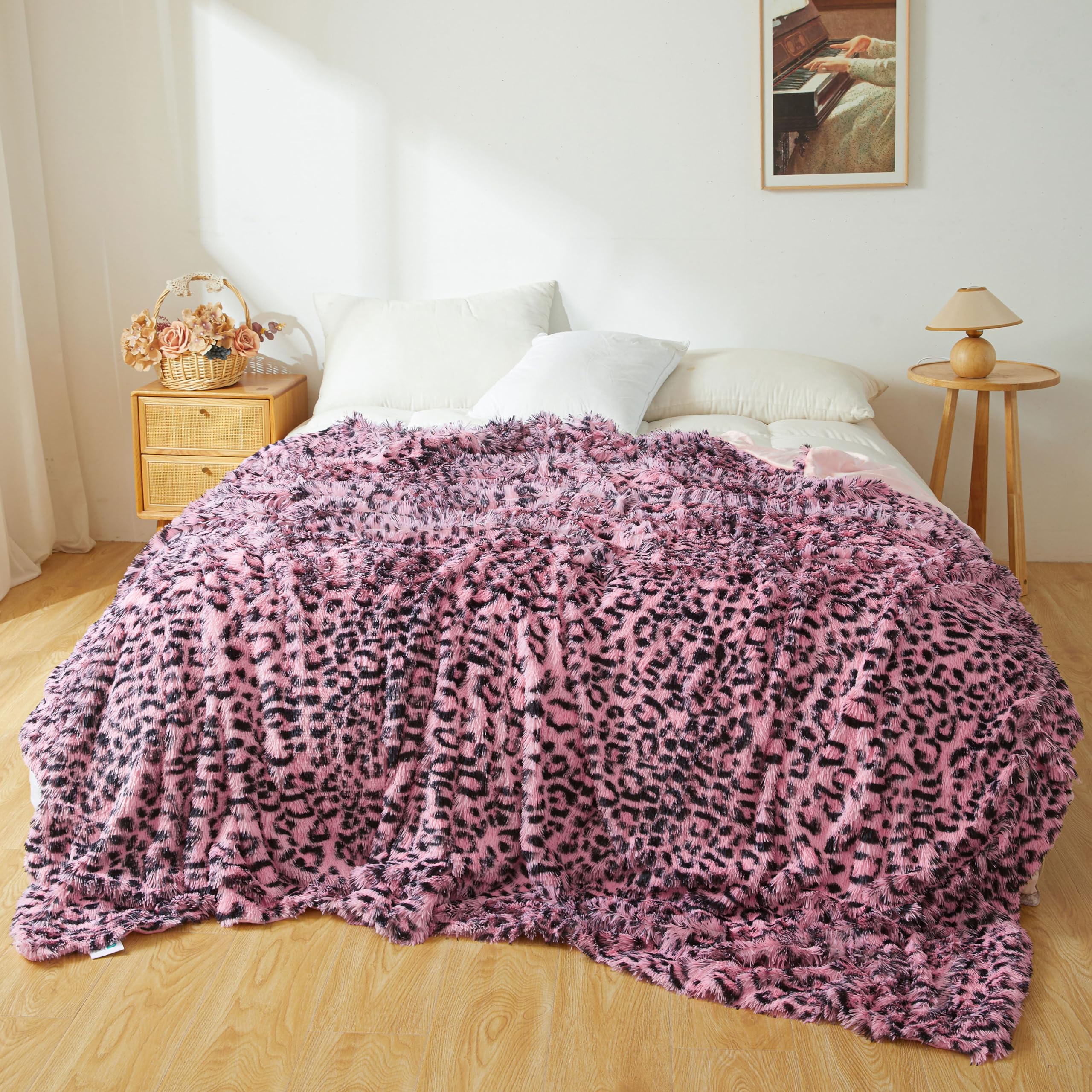 XeGe Luxus Flauschige Kunstfell Gepardprint Bettdecke für Kinder, Erwachsene & Paare, Plüsch Kuscheldecke Decke für Farmhouse Schlafzimmer & Wohnzimmer, Leopard Muster Schwarz Rosé, 228x228cm, Queen