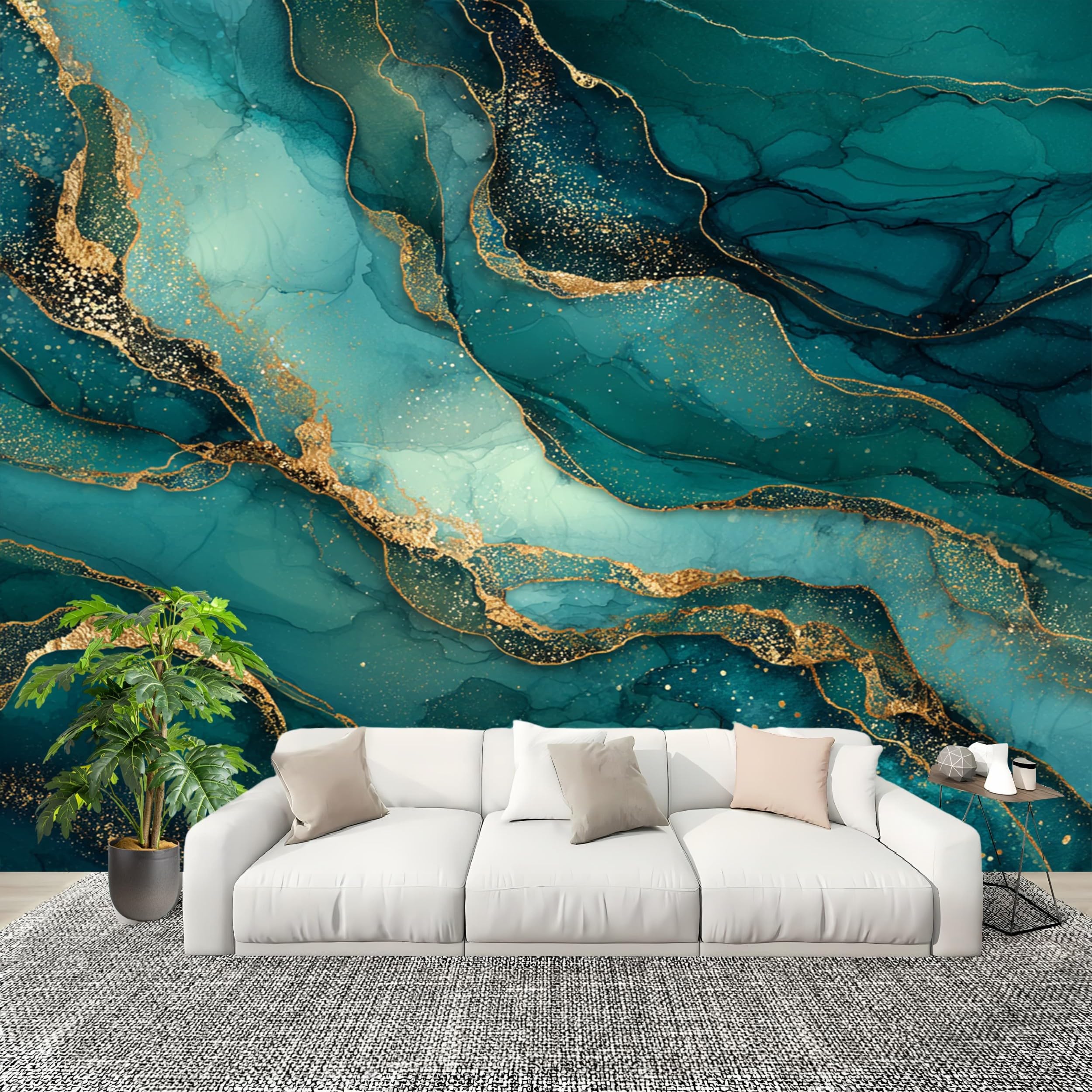 Tapeta panoramiczna 300 x 210 cm, pozłacana sztuka marmurowa, fototapeta, neutralna zapachowa i usuwalna, bezszwowe łączenie, "zrób to sam", obraz ścienny, zielona, do salonu, wynajmowanego mieszkania