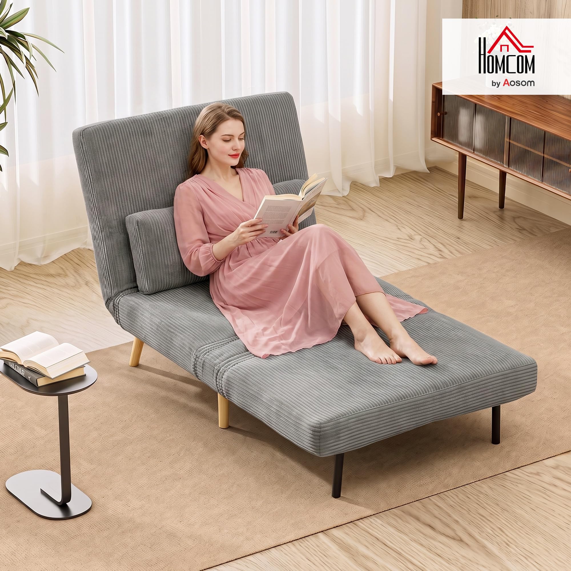 HOMCOM Fotel rozkładany 3 w 1, sztruksowy fotel z funkcją spania 90 x 190 cm, 6-stopniowe oparcie klik-klak, metalowe nogi, poduszka, ciemnoszary