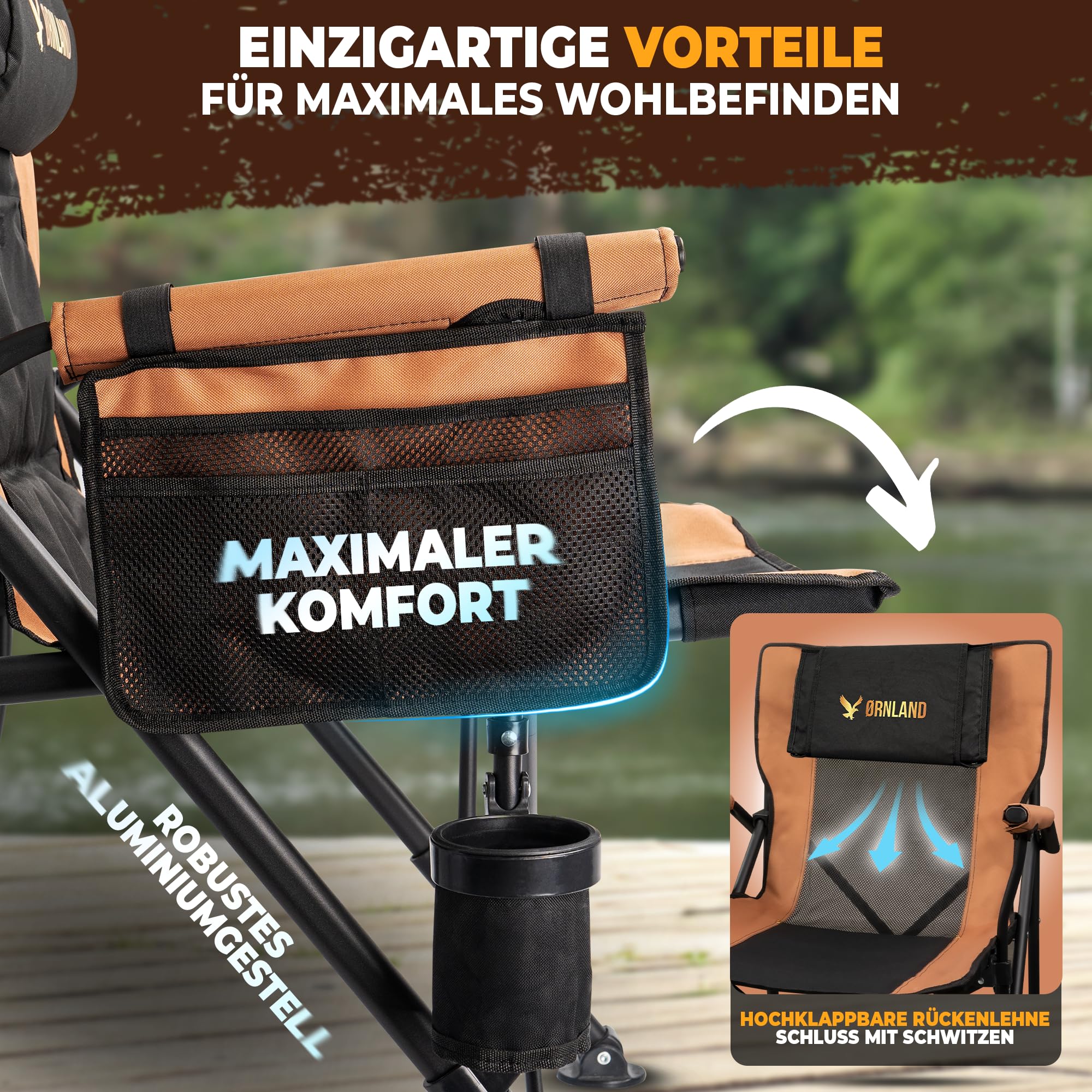 Campingstuhl faltbar schwarz braun, stabil bis 150kg, [atmungsaktiv Mesh] mit Seitentasche Kissen Getränkehalter I Angelstuhl, Strandstuhl, Klappstuhl - Camping, Zelten, Angeln