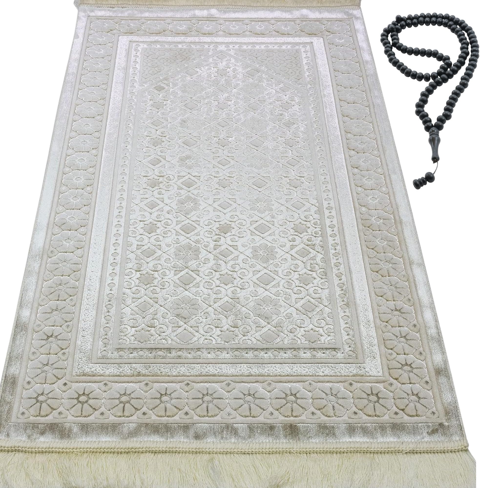 Modefa Velvet Prayer Rug - Soft Plush Turkish Janamaz Sajada Carpet for Men and Women - Plain Solid Prayer Mat Ramadan Eid Gift - with Prayer Beads - Luxury Floral Stamp (Ivory)