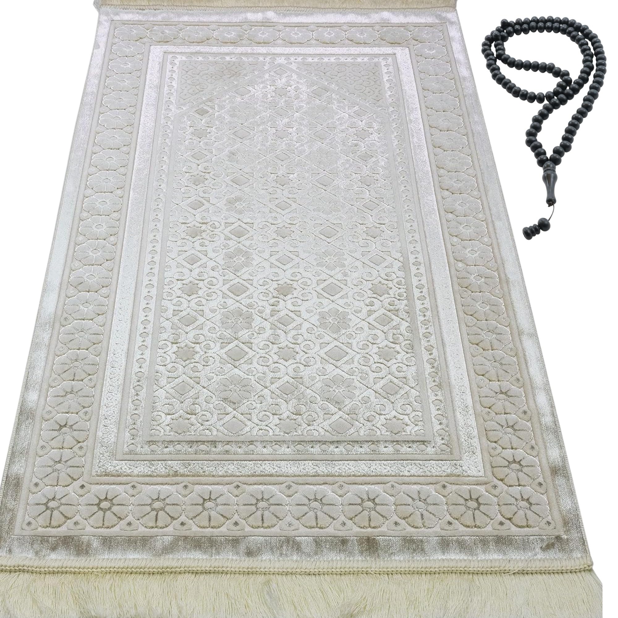 Modefa Velvet Prayer Rug - Soft Plush Turkish Janamaz Sajada Carpet for Men and Women - Plain Solid Prayer Mat Ramadan Eid Gift - with Prayer Beads - Luxury Floral Stamp (Ivory)