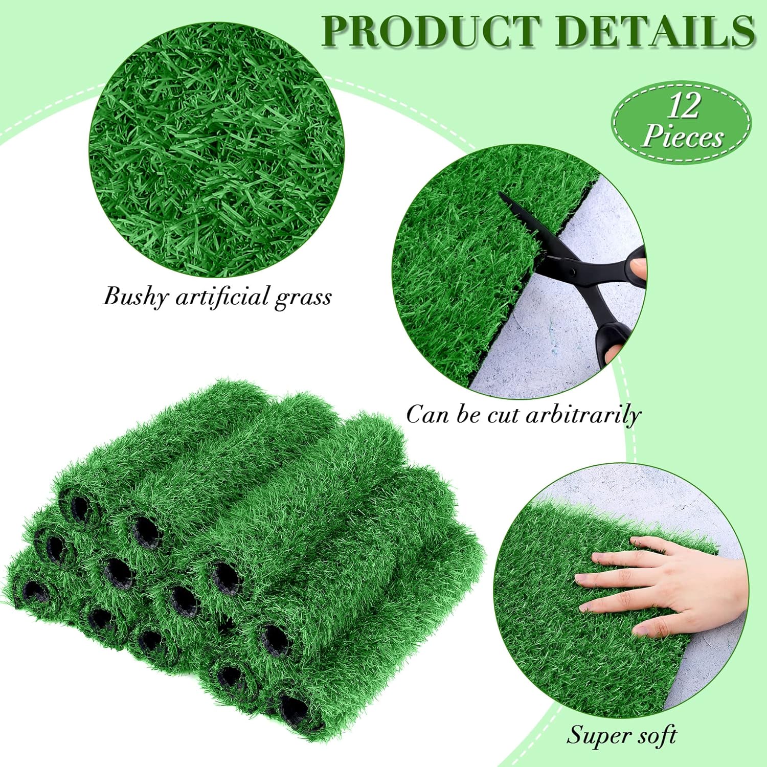TURSTIN 12 Pieces Artificial Grass Mat Square 12 x 12 Inch Fake Turf Patch Indoor Outdoor Garden Lawn Patio Balcony Synthetic Turf Mat Realistic Grass Rug for Crafts Miniature Garden DIY, Dark Green